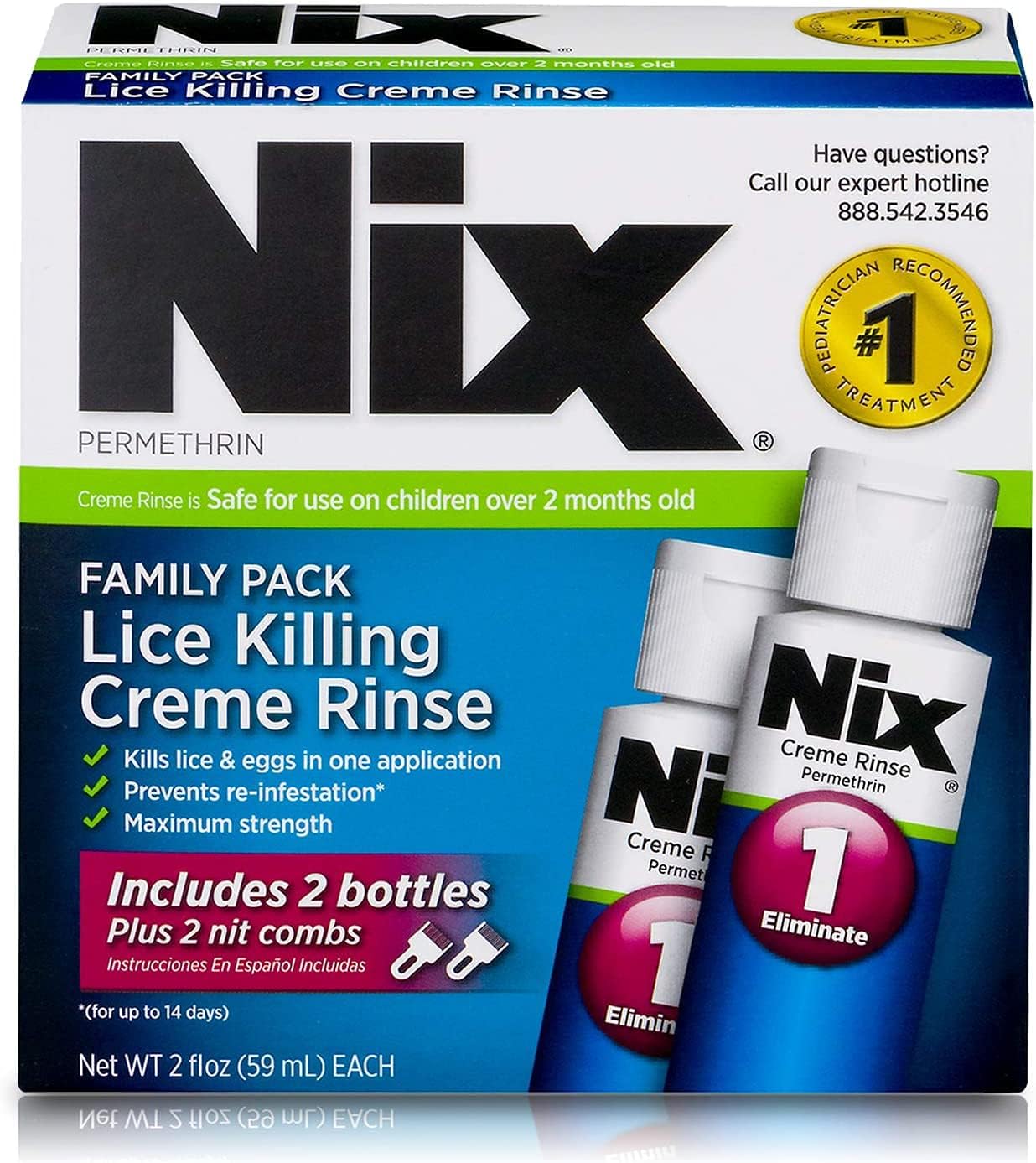 Nix Lice Killing Crème Rinse Family Pack, 4 Fl Oz Nix Crème Rinse and 2 Nit Combs (Pack of 1)