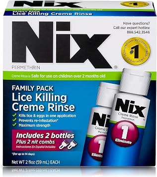 Nix Lice Killing Creme Rinse Family Pack, Maximum Strength Lice Treatment, Permethrin Lice Removal Treatment, Kills Lice and Eggs, Includes 2 Nit Combs, 4 Fluid Ounce (Pack of 1)
