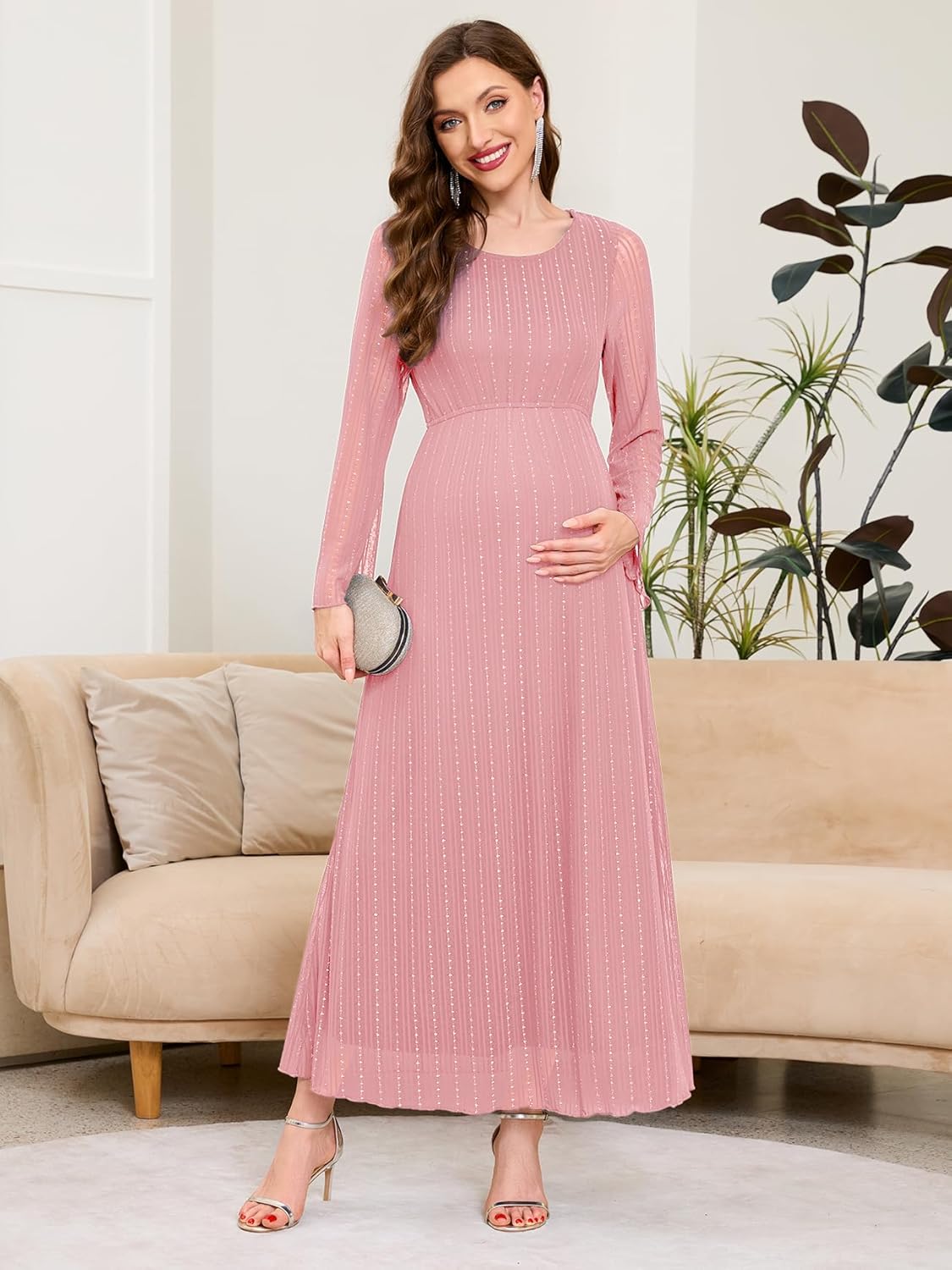 AISWI Maternity Sparkly Mesh Dress Bell Long Sleeve Round Neck A Line Flowy Pregnancy Dresses Baby Shower Semi Formal