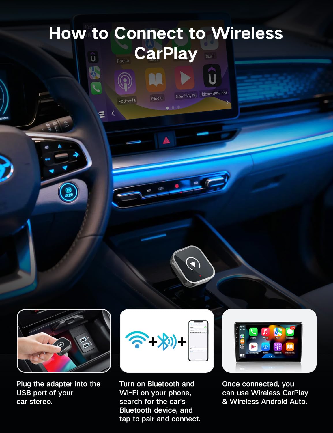 Adaptateur CarPlay sans fil pour iPhone CarPlay/Android Auto, mise à niveau rapide vers le sans fil, Plug & Play, Bluetooth 5.2 et WiFi 5GHz 4, sans latence, Mini & Stable, connexion