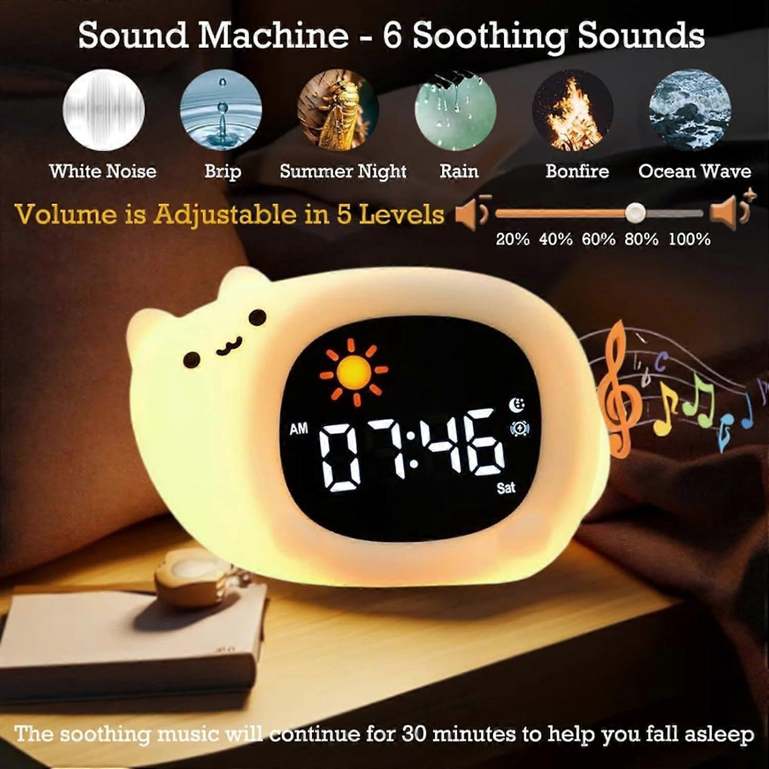 Nachtlichtwecker mit 9 Lichtfarben und 6 weißen Geräuschen, digitale Schlaftrainingsuhr, einstellbare Helligkeit und Klang, Geschenke für Kinder – Katze
