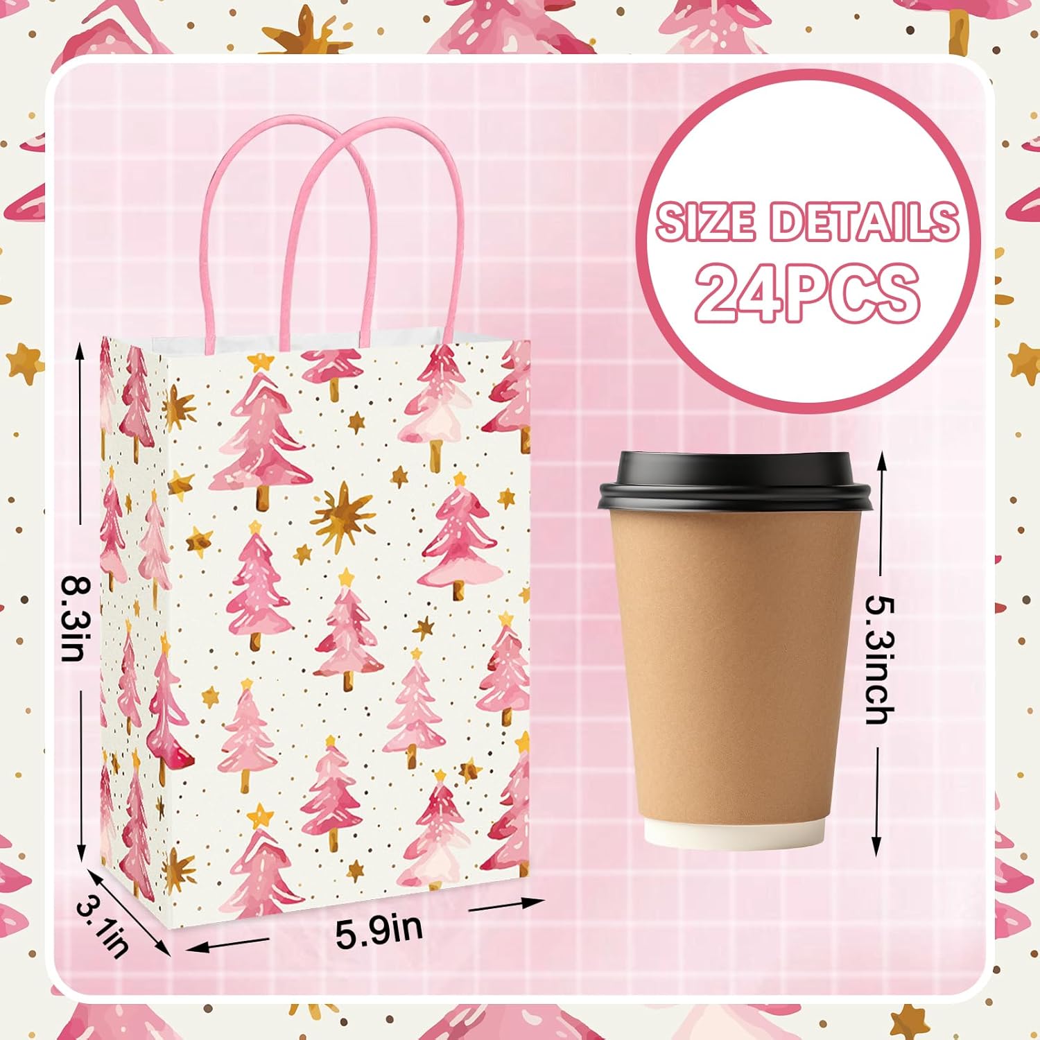 JarThenaAMCS 24Pcs Pink Christmas Paper Gift Bags with Handles Dots Xmas Tree Party Favor Bags Candy Goodie Treat Bag for Winter Holiday Birthday Party Supplies - Image 2