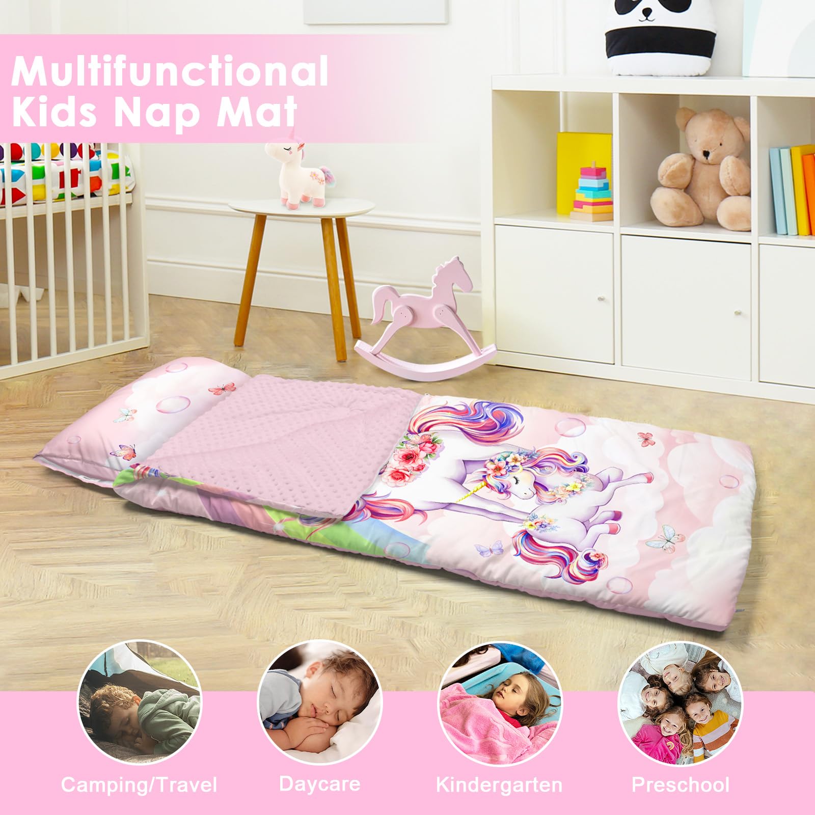 Tamaño Grande Saco de Dormir Infantil con Almohada Extraíble 170×75cm, Cálida Plegable Alfombrilla de Siesta para Niños y Niñas, Bolsa de Dormir con Cremallera para Camping Siesta