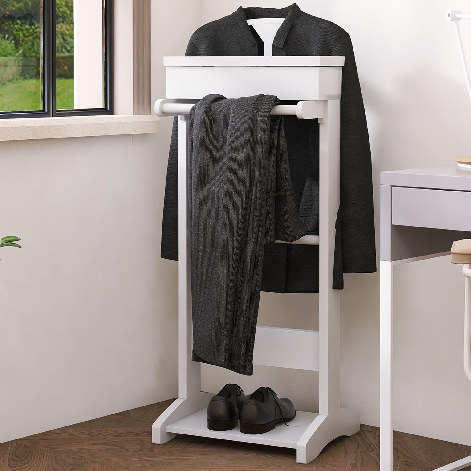 Suit Valet Stand for Men, Wooden Clothes Rack with Filp Tray, White