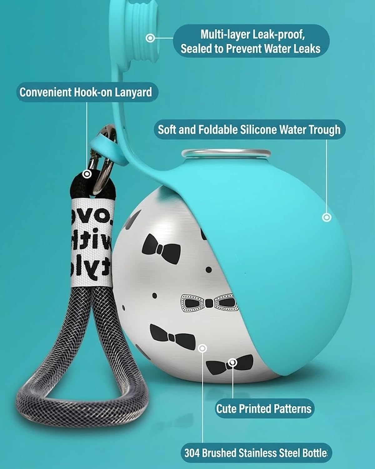 Portable Dog Water Bottle with Foldable Bowl, 304 Stainless Steel Travel Water Bottle - Leak-Proof, Dual-Use for Water & Food, Compact with Lanyard (Set A)