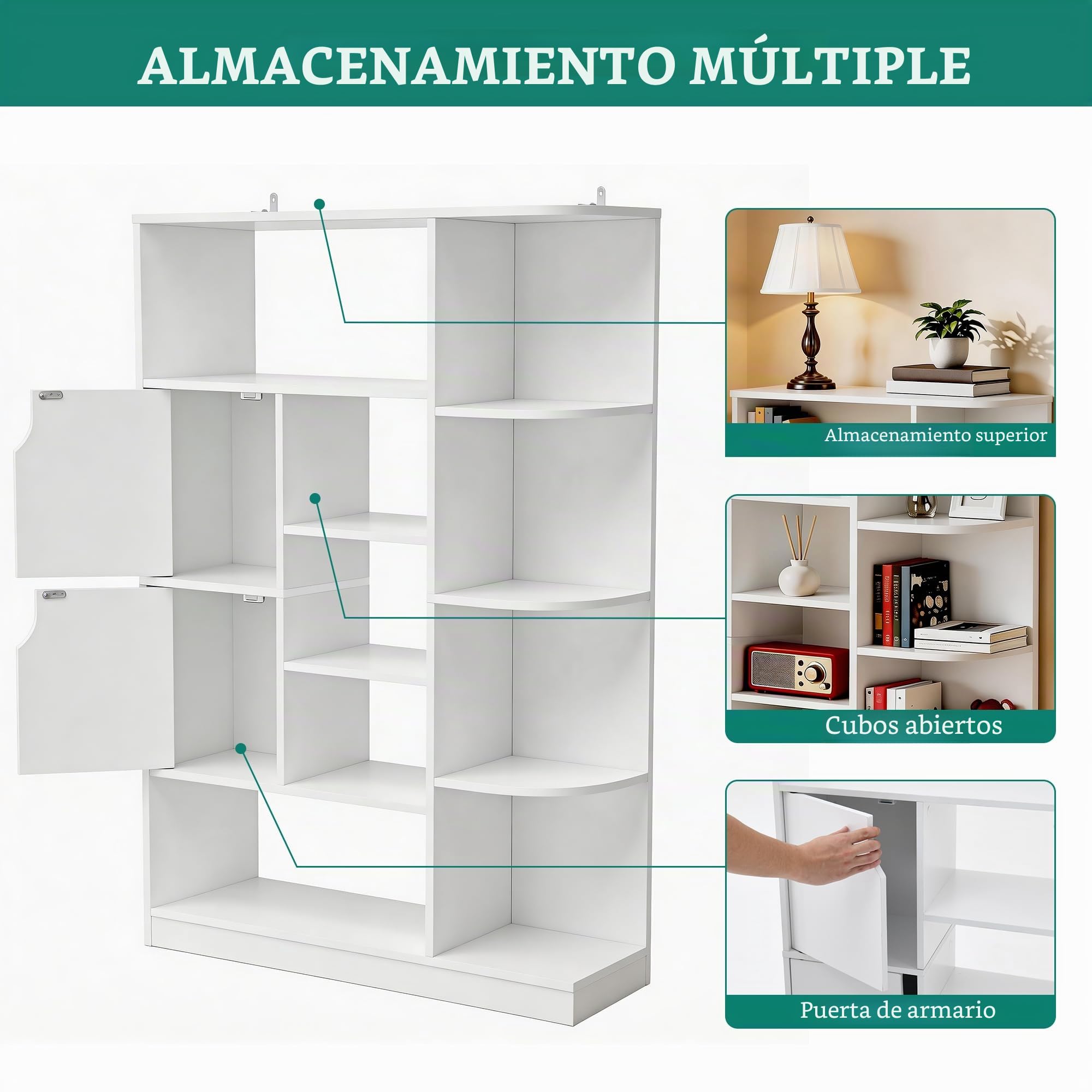 YITAHOME Librería Independiente con 9 estantes Abiertos y 2 Puertas (tapizada) para salón, Dormitorio u Oficina, Blanco, 80 × 24 × 120 cm (Ancho × Profundidad × Alto)