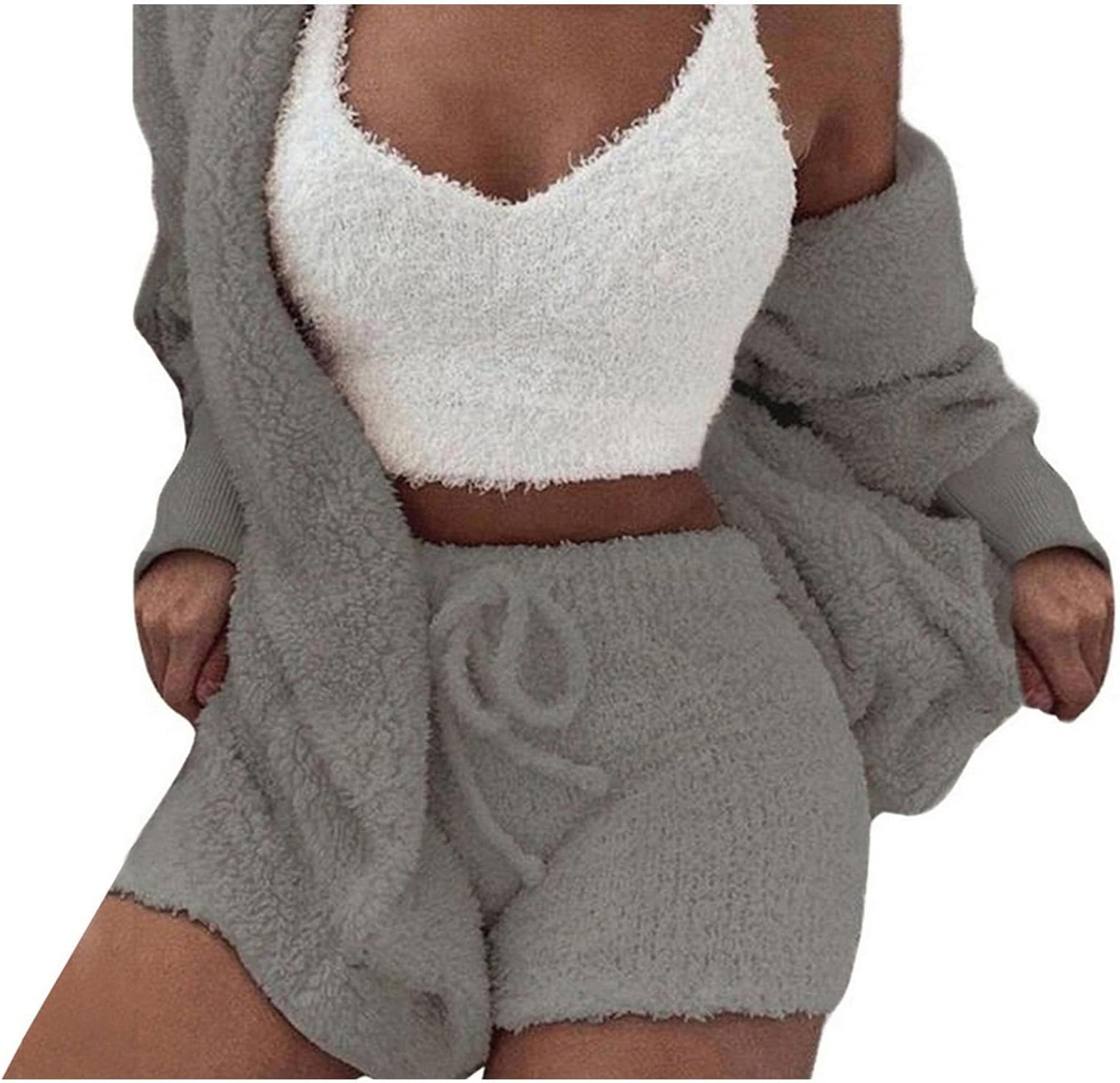 Famnbro Womens Sexy Fuzzy 3 Piece Outfits Fleece Warm Hooded Cardigan Crop Top Shorts Set Pajamas Loungewear