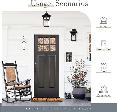 Miniatura 5 de zeyu ZX1B BK - Lámpara de pared exterior para porche delantero, aluminio fundido a presión con vidrio sembrado, acabado negro, ZX1B BK