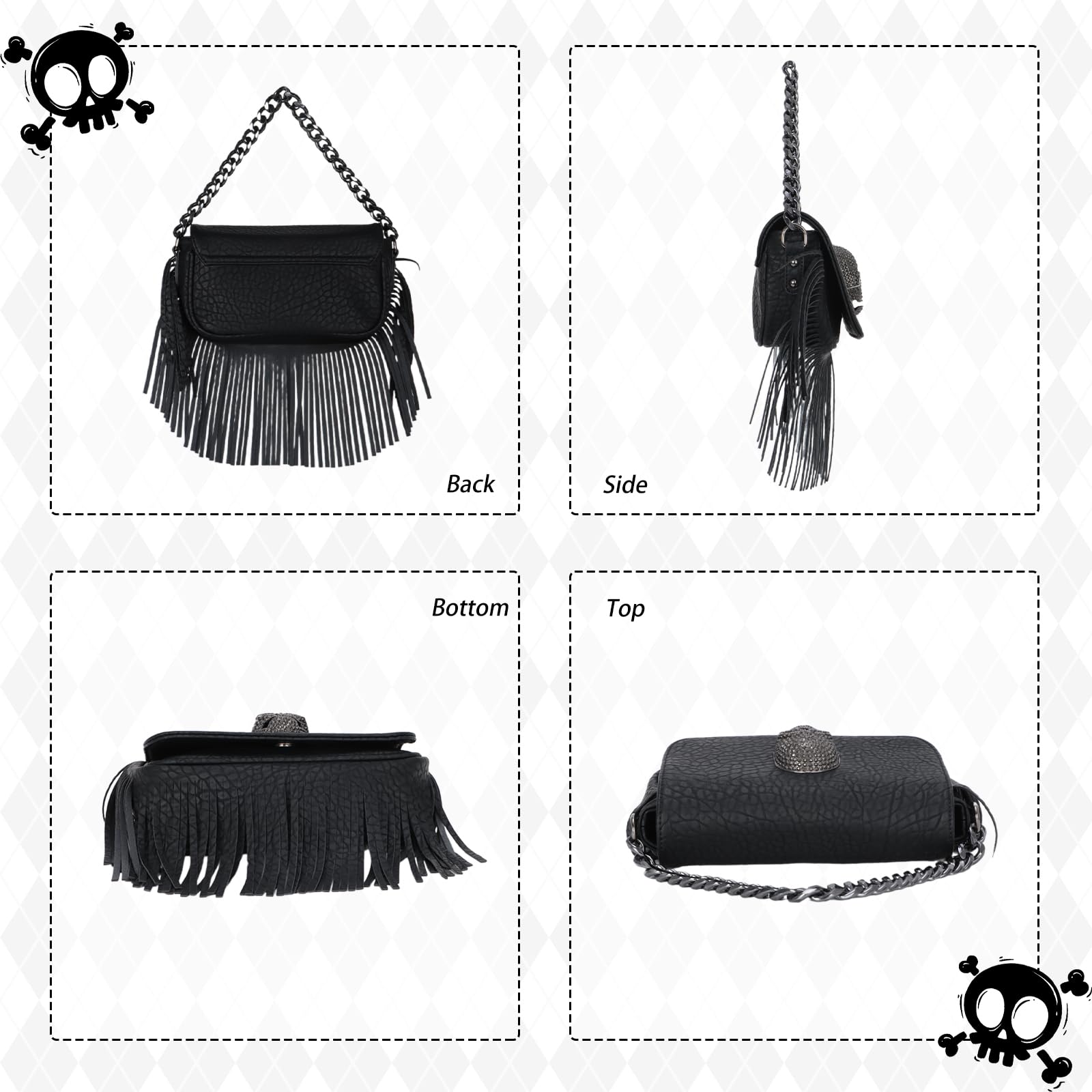 Emprier Y2K Punk Fringe Purse for Women Soft PU Leather Tassel Crossbody Purse Novelty Gothic Western Hobo Bag with Chains