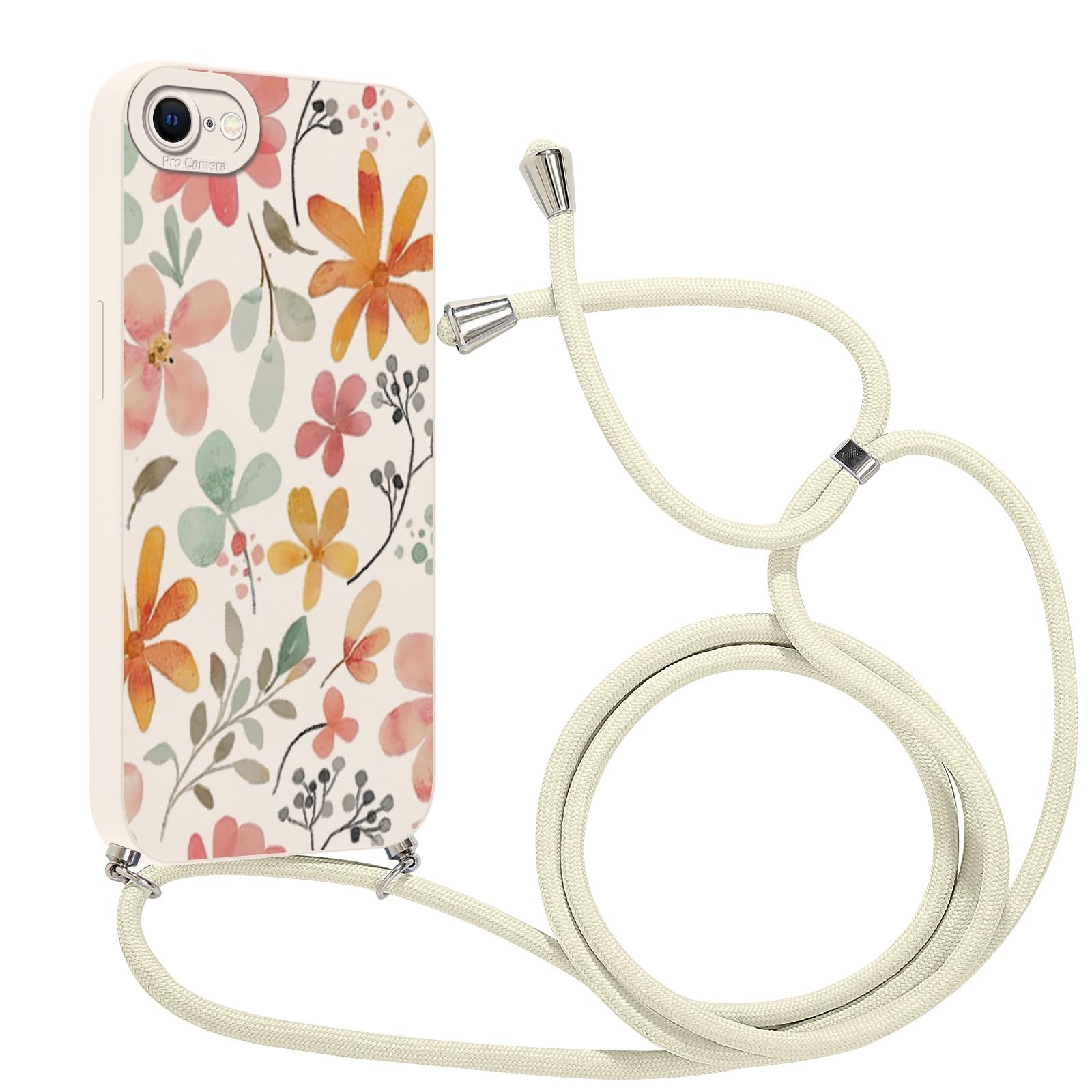 Kueqeay Etui ze smyczą do iPhone 7/8/iPhone SE 2022/SE 2020 4,7" miękki TPU wzór etui kwiat biały ze sznurkiem naszyjnik silikonowy futerał ochronny na telefon komórkowy okrągły dekolt, 01