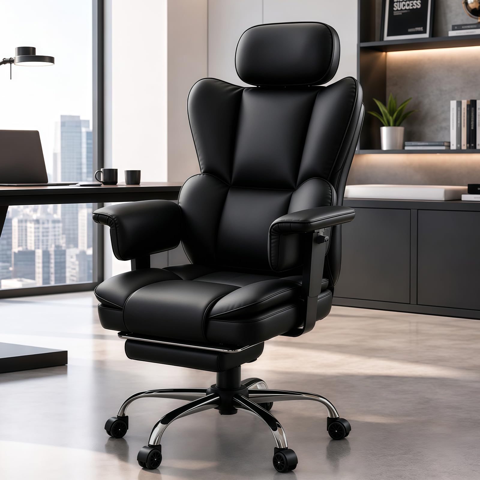 Silla Oficina Ejecutiva,Respaldo Alto En Cuero PU Giratoria con Reposa-pies,Diseño Ergonómico Reclinable con Soporte Lumbar Y Reposabrazos Ajustables para Hogar O Gaming (Negro)