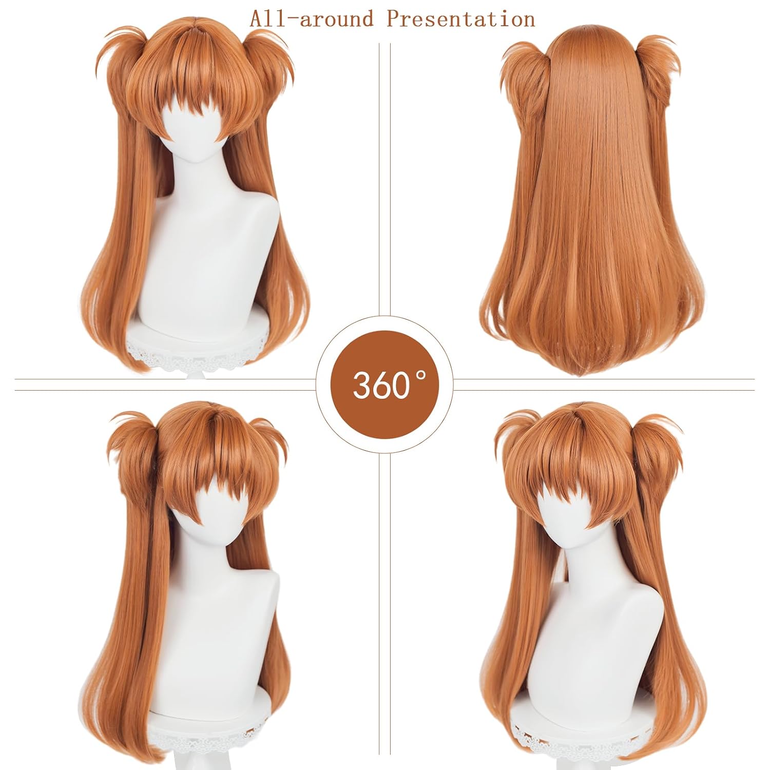 LABEAUTÉ Adults Orange Pigtails Wig for Cosplay Costume + Hairpin Anime Long Straight Ginger Cosplay Wigs with Clip-on Ponytails for Halloween Party + Wig Cap