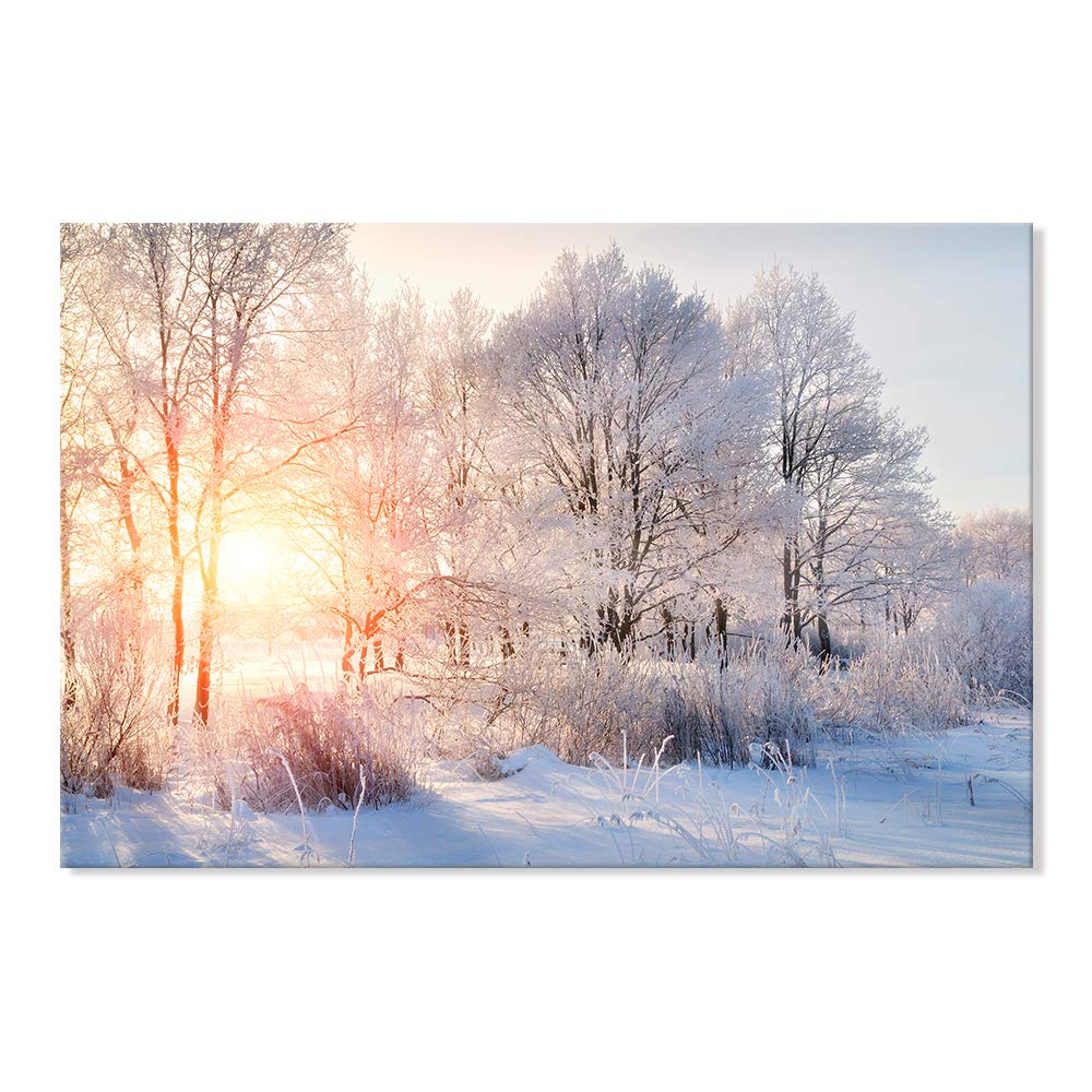 SEVEN WALL ARTS Winter Tree Canvas Wall Art Snow Covered Winter Forest Sunrise Sunset Modern Landscape Mountain Nature Wilderness Photography Print on Canvas for Kitchen and Living Room with Frame