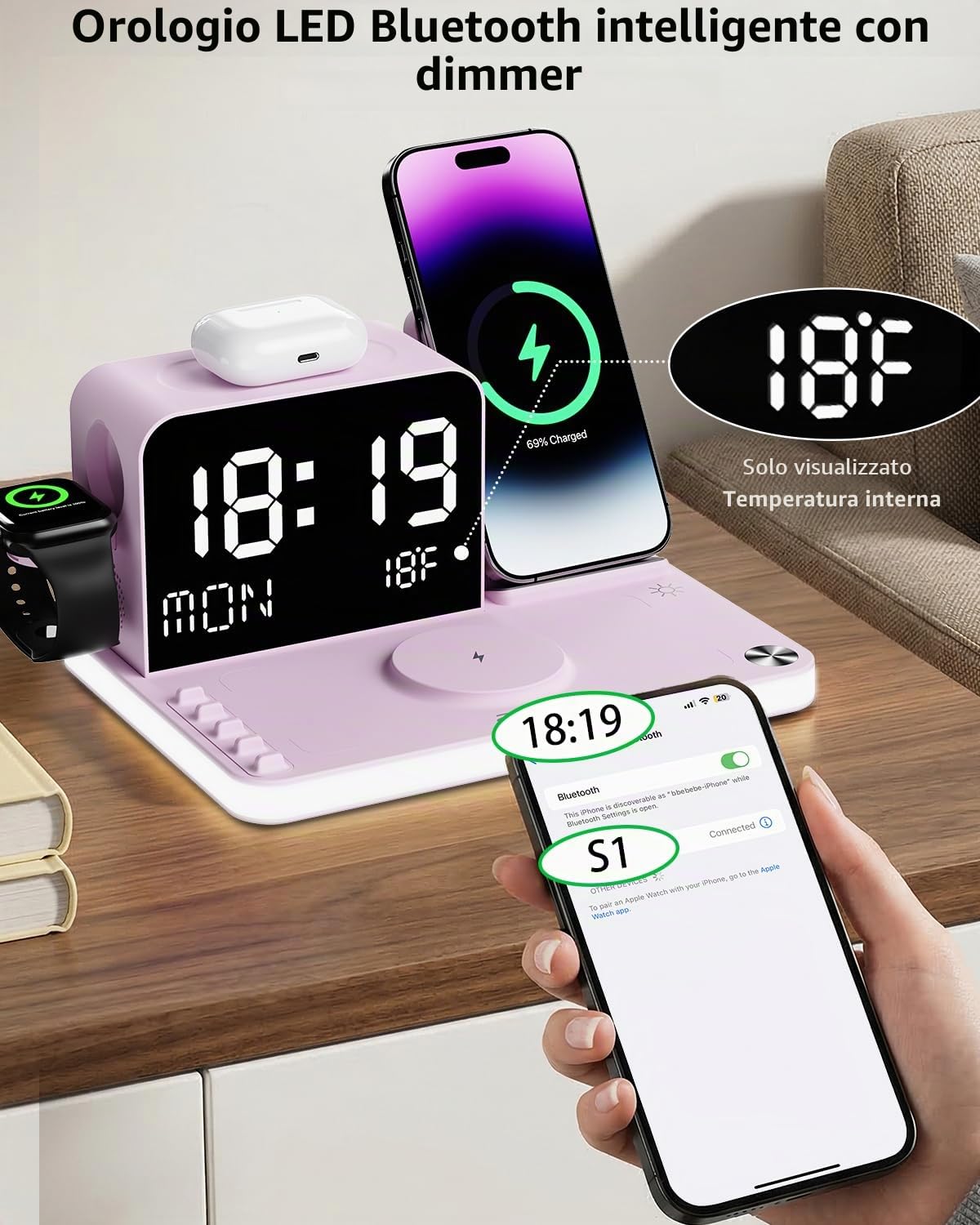 Acer Stazione di ricarica wireless 7 in 1 con orologio a LED, caricabatterie wireless veloce da 30 W per iPhone 16/15/14/13/12/Pro Max, Apple Watch, AirPods, sincronizzazione automatica dell'ora e