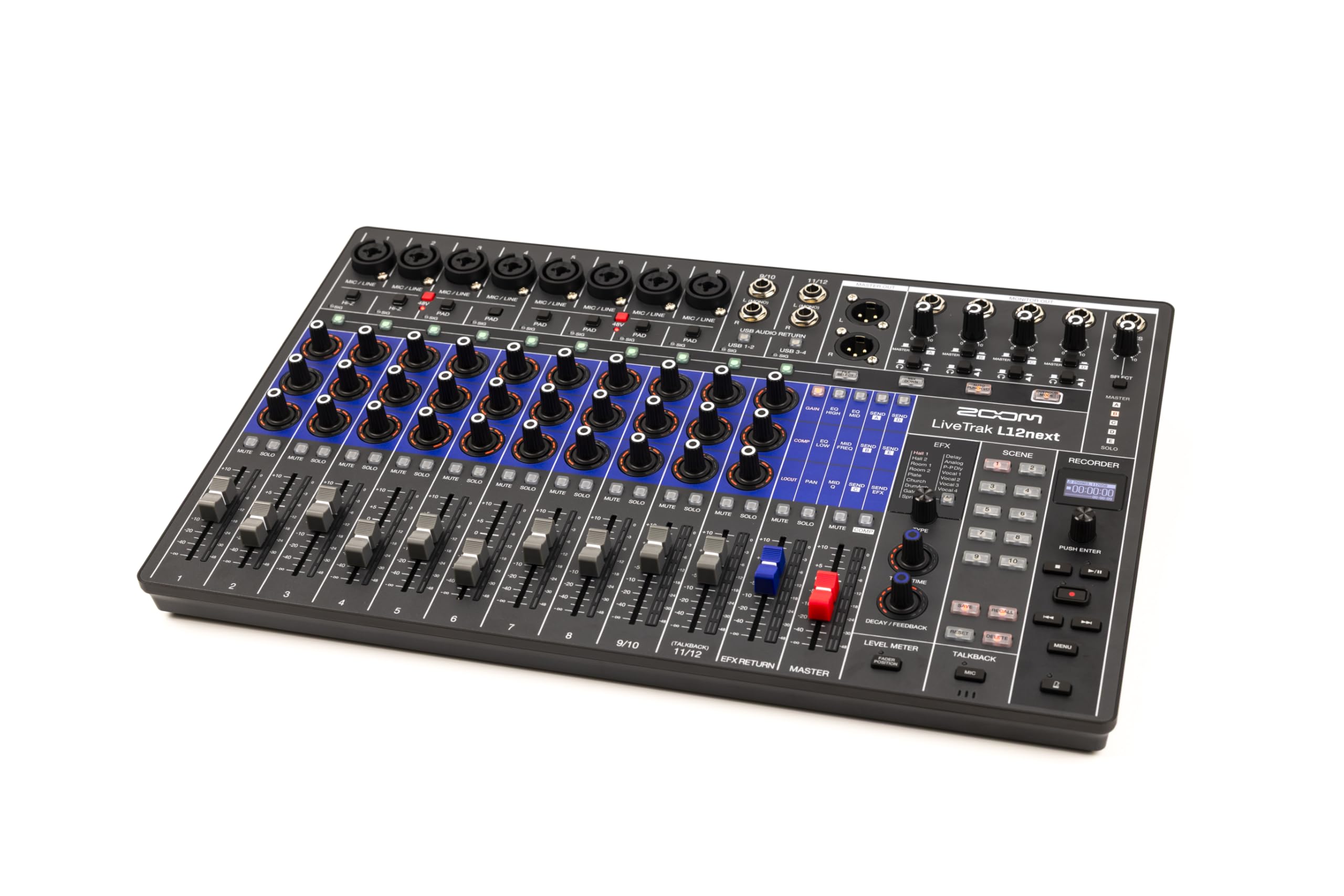 Zoom - LiveTrak L-12next - Mixer digitale e registratore a 12 canali, interfaccia audio, registrazione a 14 tracce 24/96, master traccia a 32 bit Float, Live e Studio, display OLED, effetti, filtro