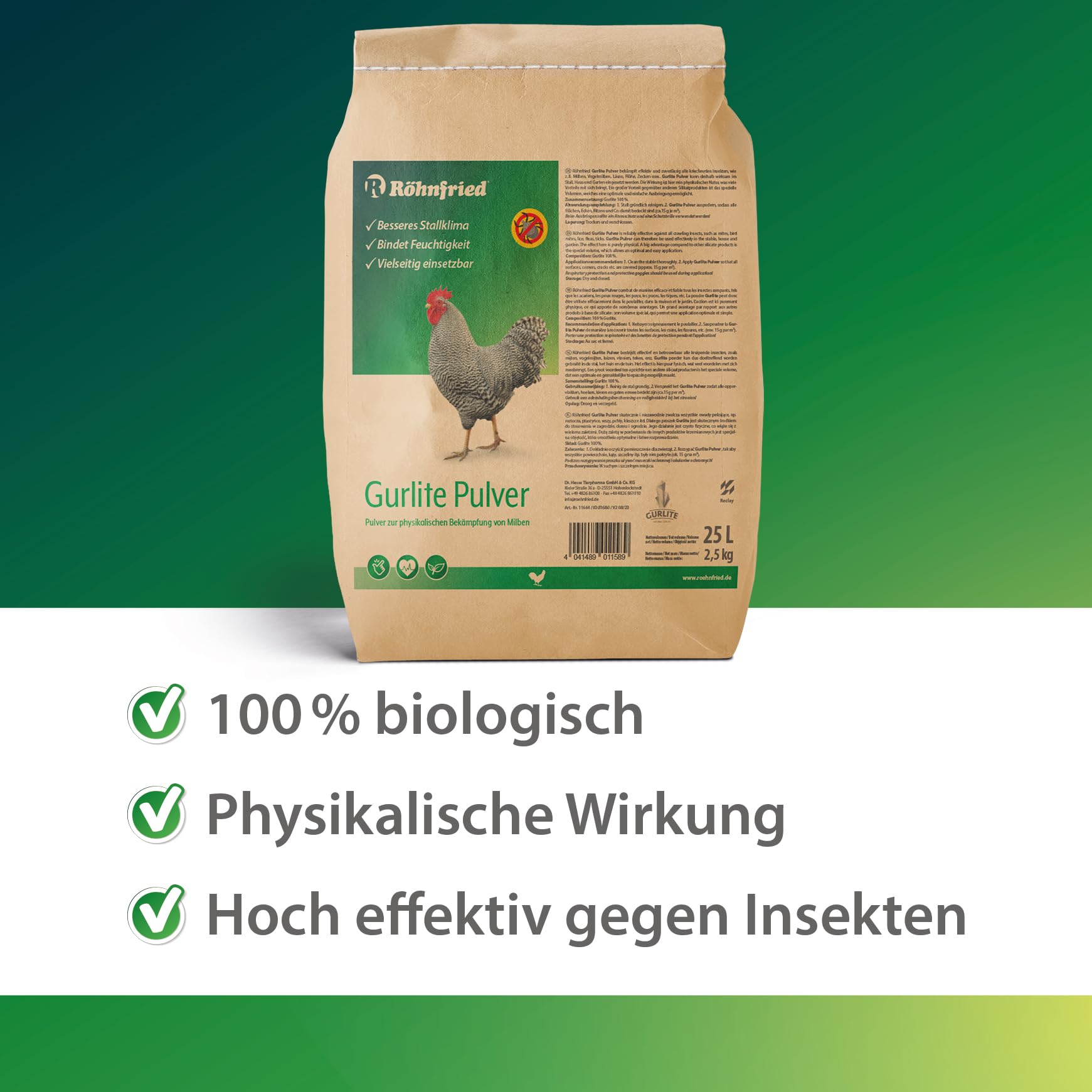 Röhnfried Gurlite® Pulver - 25 L - Effektiver Schutz gegen rote Milbe, Vogelmilben, Läusen, Flöhe, Zecken & Parasiten - Naturprodukt für den Hühnerstall - für Hühner, Wachteln & anderes Geflügel