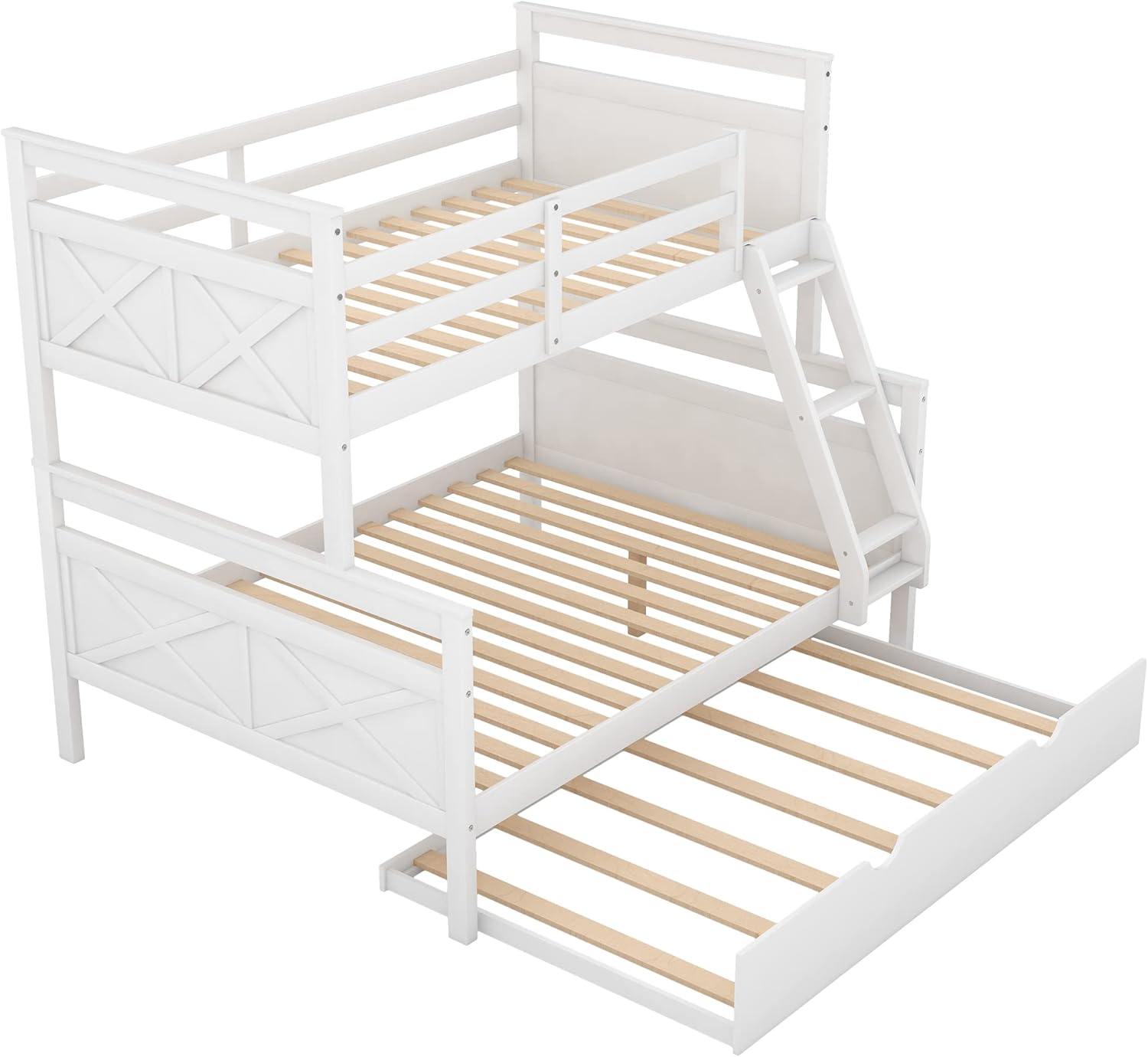 Harper & Bright Designs Twin Over Full Bunk Bed with Trundle, Solid Wood Bunk Bed Frame with Ladder and Safety Guardrail, for Kids Teens Adults (White)