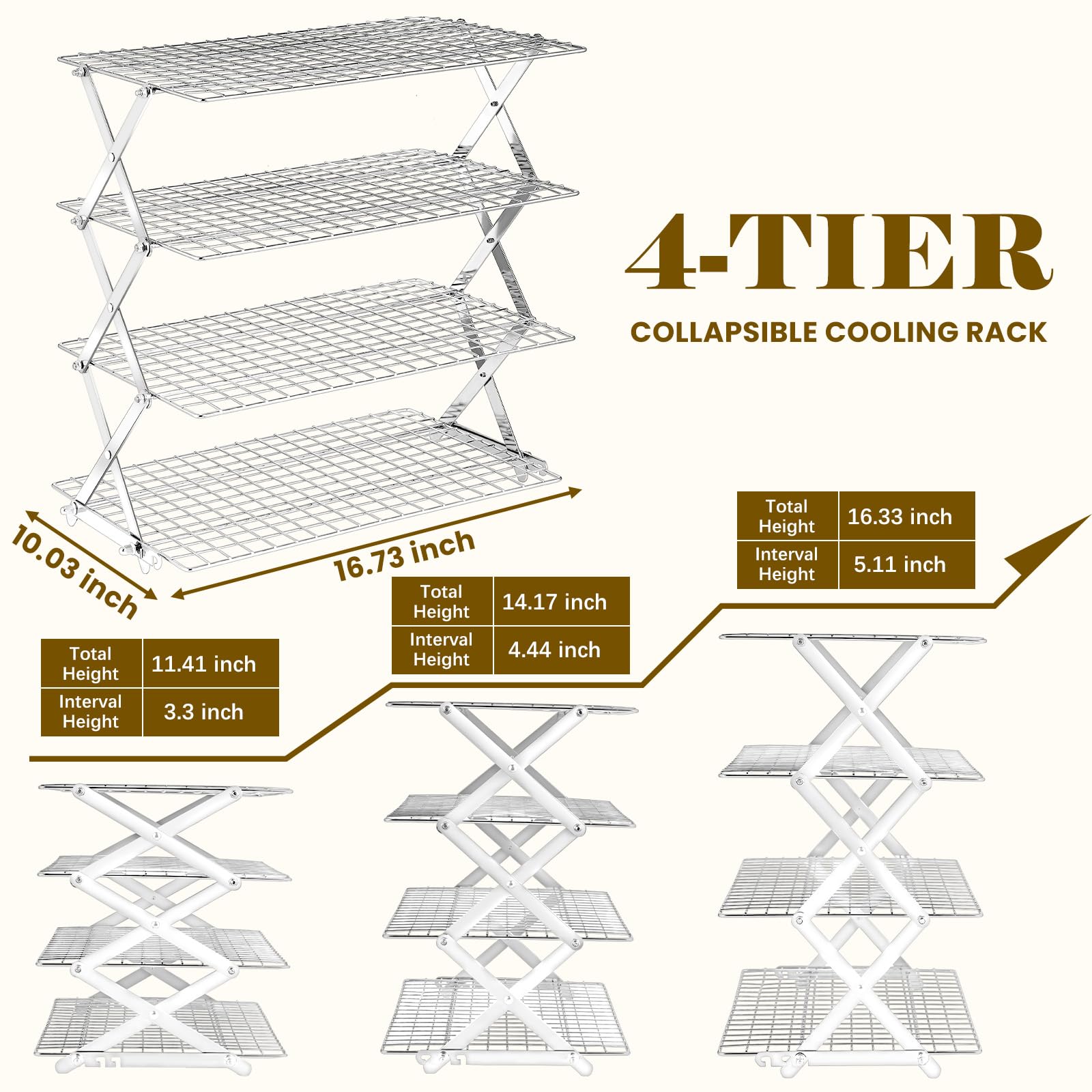 Grille de refroidissement pliable à 4 niveaux – Grille de cuisson réglable en acier inoxydable avec maille anti-fuite, structure en forme de X pour la cuisine et la pâtisserie, passe au lave-vaisselle