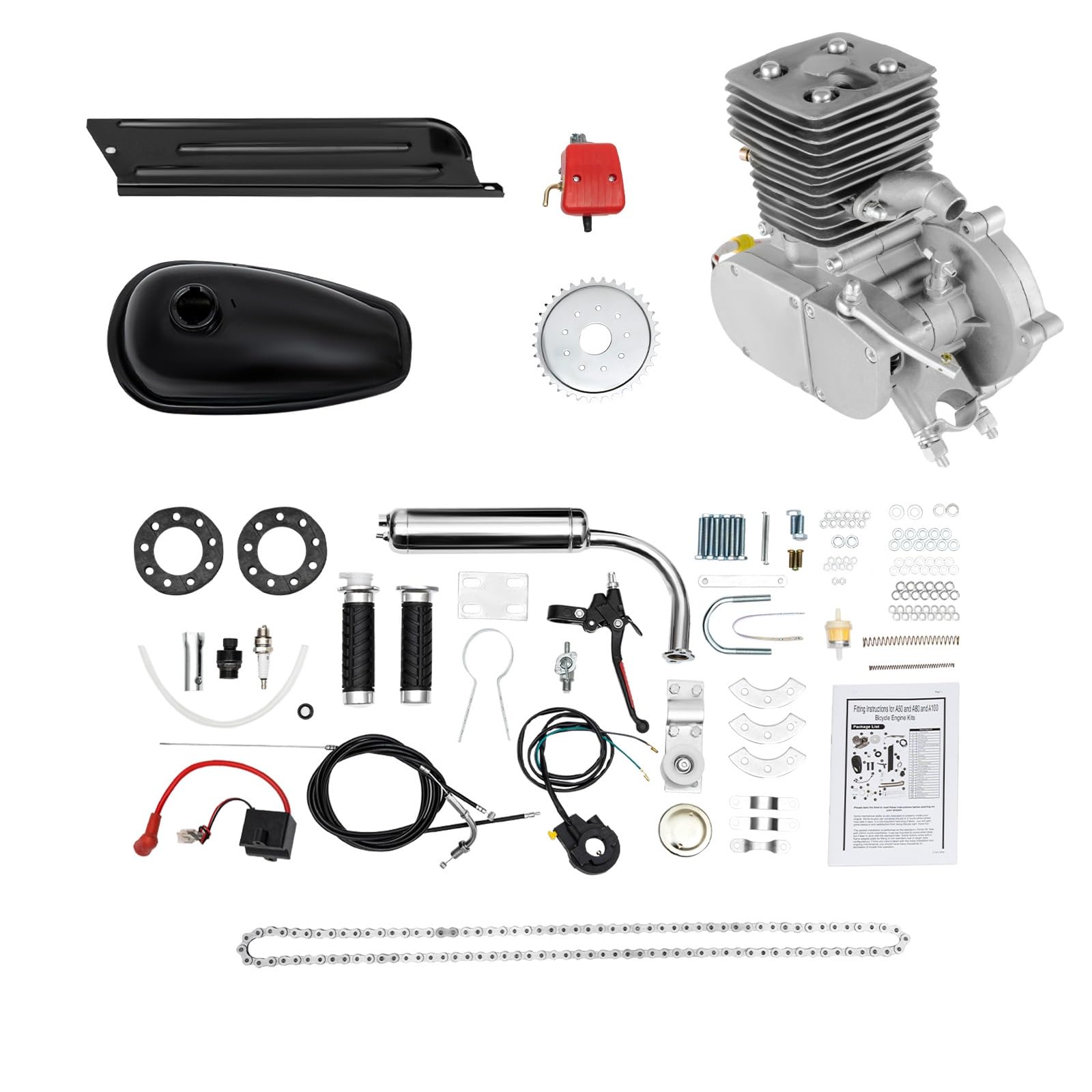 100cc Bicycle Engine Motor Kit, 2 Stroke Motorized Bike Engine Kit Gas Motorized Gasoline Engine Motor Petrol Oil Bicycle Motor Refit Kit for 26" 28" Bike