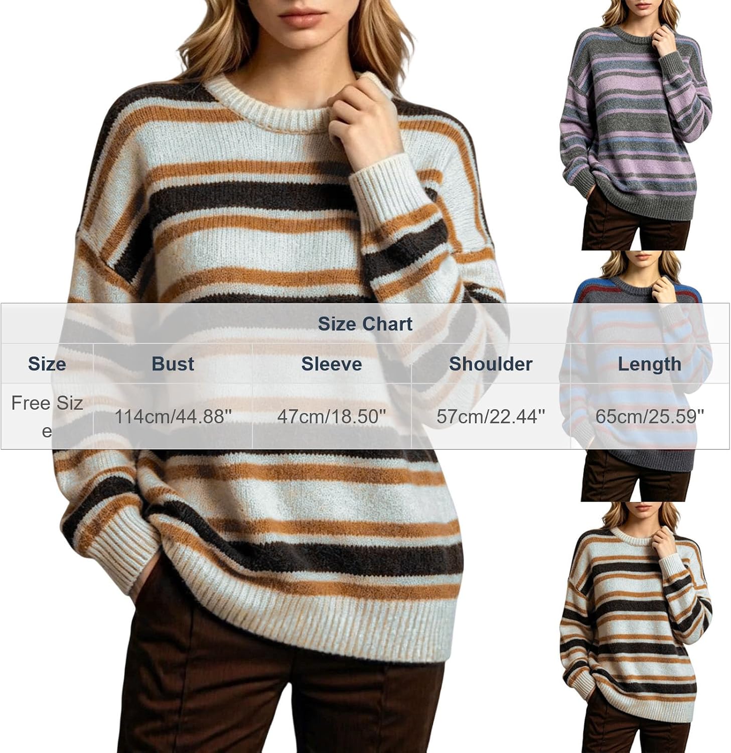 Womens Crew Neck Colorful Striped Sweater Long Sleeve Casual Jumper