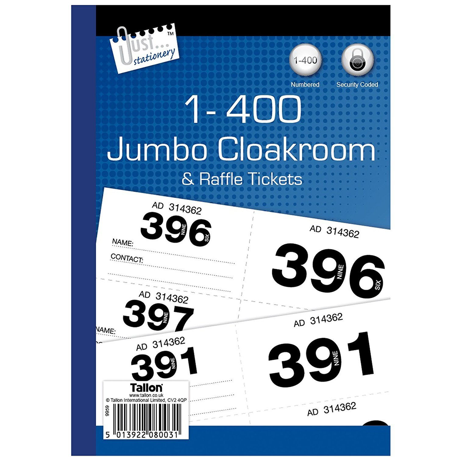 3XJust Stationery 1-400 Jumbo Cloakroom Raffle Ticket