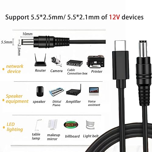 Miniatura 3 de Cable de alimentación USB C a CC de 0.217 in x 0.083 in, entrada USB tipo C de 5 pies a CC cable de carga de salida de 12 V, funciona con cargador