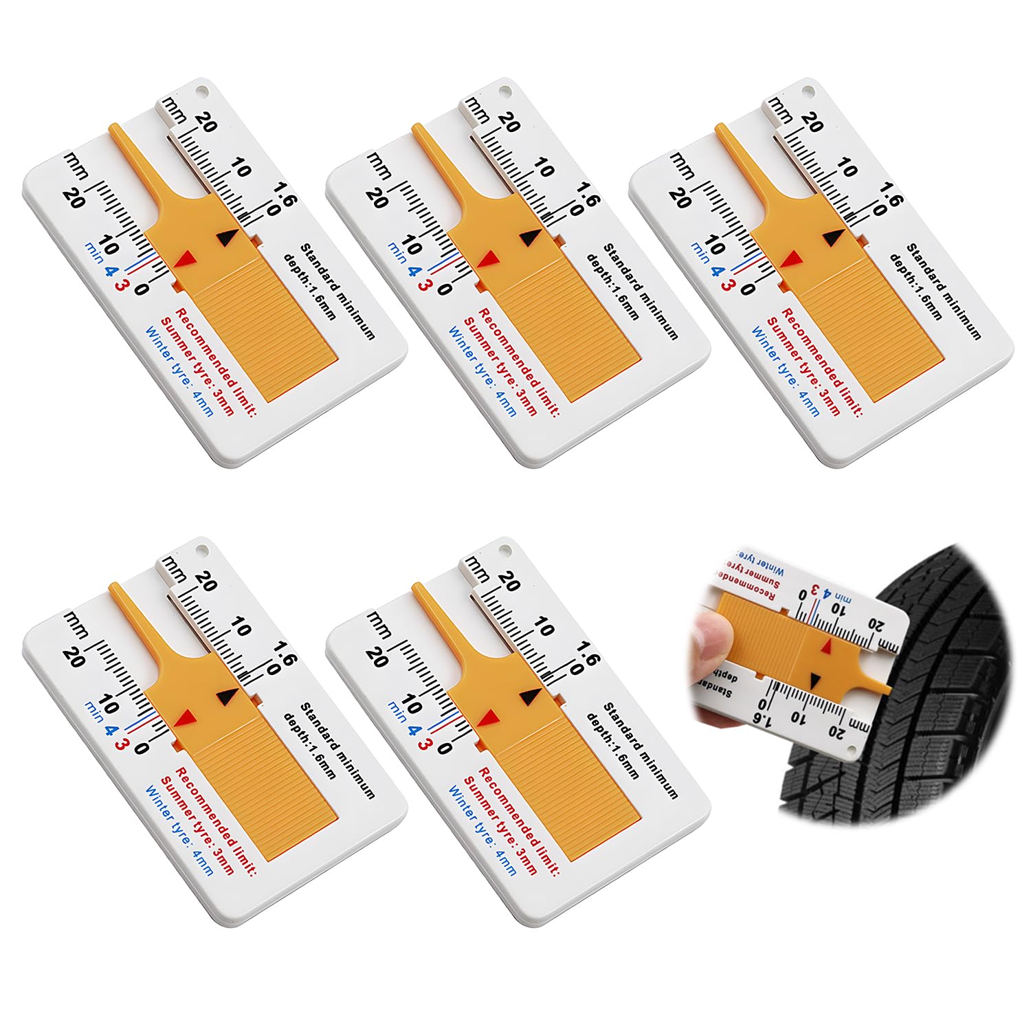 5 misuratori di profondità per pneumatici, Tread Depth Gauge for Tyres, misuratore di profondità in plastica portatile Tyre Tread Depth Tool digitale, campo di misura 0-20 mm, per moto auto