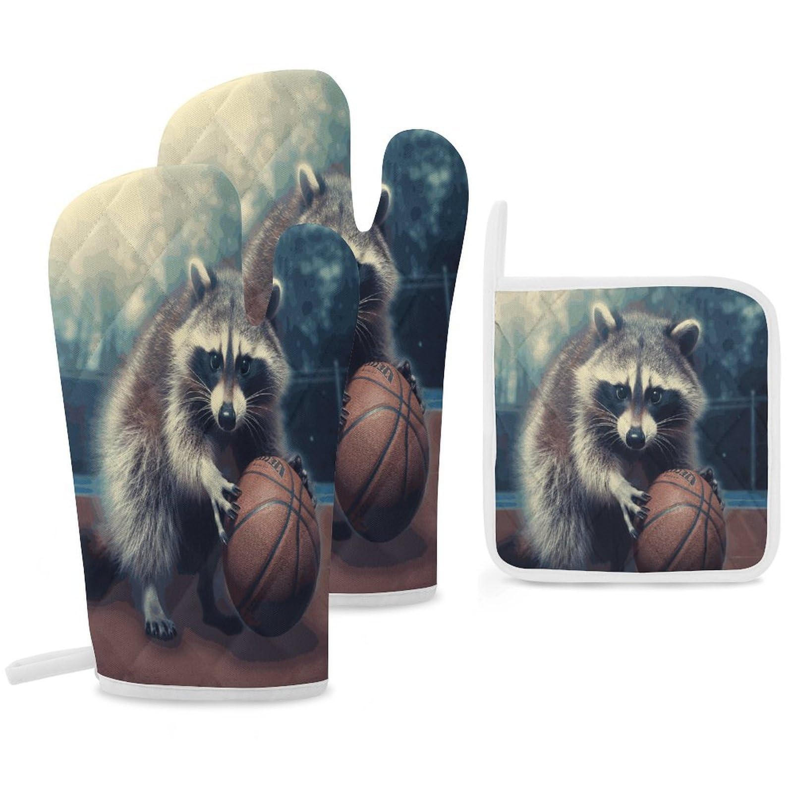 Fekiloot Style Funny Raccoon Basketball Oven Mitts Funny Heat Resistant,Oven Glove With Hanging Loop,Resistant Hot Pads For Kitchen Baking Grilling Cooking