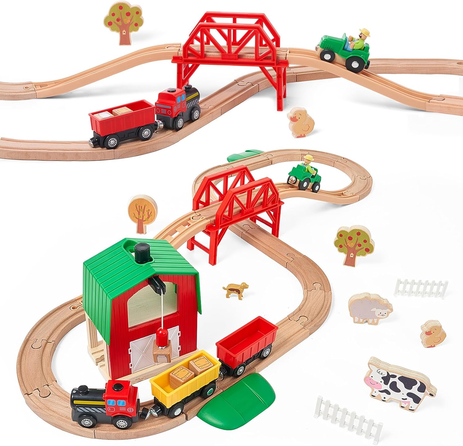 Giant bean 42PCS Wooden Farm Train Set for Toddler, Battery Operated Train Railway Track with Bridge, Barn, Animals,Tractor Cargo, Compatible with Most Brand, for Kids Boys Girls Age 3-8