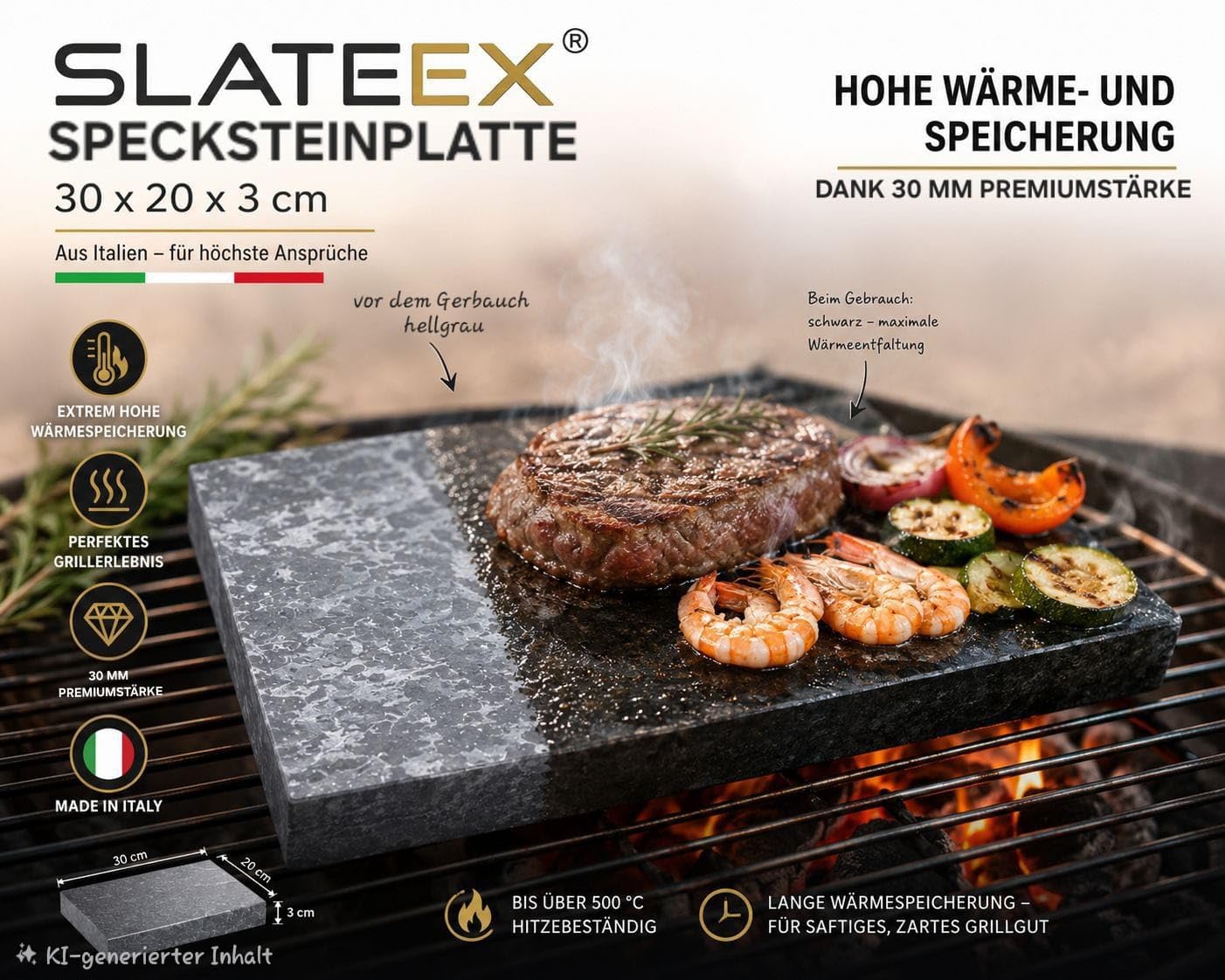 Naturstein-Grillplatte aus Speckstein 20×30×3 cm – Hitzebeständige Kochfläche zum Grillen, Braten & Servieren