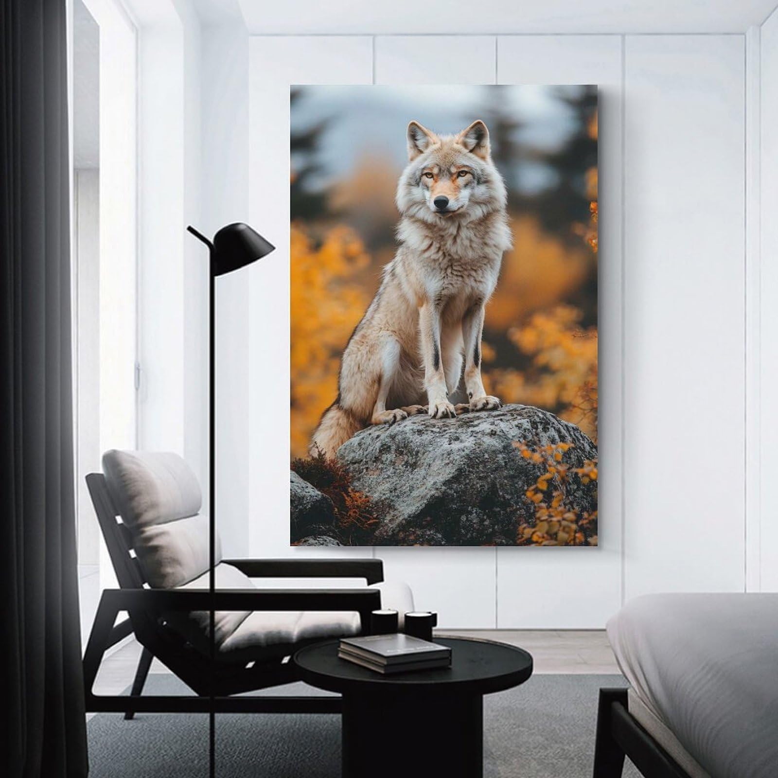 Junmoney Wolf Portrait on Rock in Autumn Hanging Wall Art 24x36inch(60x90cm), for New Homes, Bedrooms Or Workspaces, Thoughtful Wall Decor for Art Lovers
