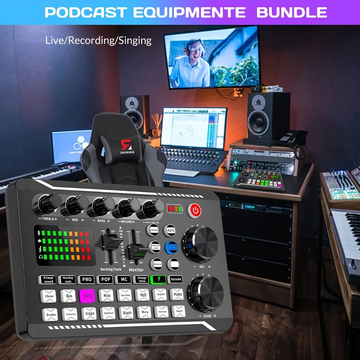 F998 Live Sound Card Audio Mixer connected to a computer setup