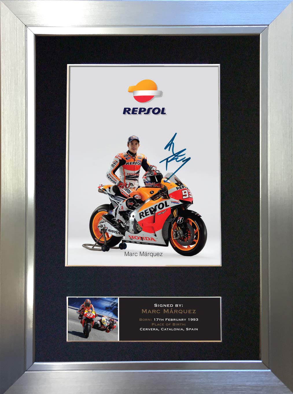 The Autograph Collector Gold,Silver,Black Marc Marquez Signed Autograph Mounted Photo Reproduction Print A4 Rare (297 X 210Mm) #419 (Silver Frame)