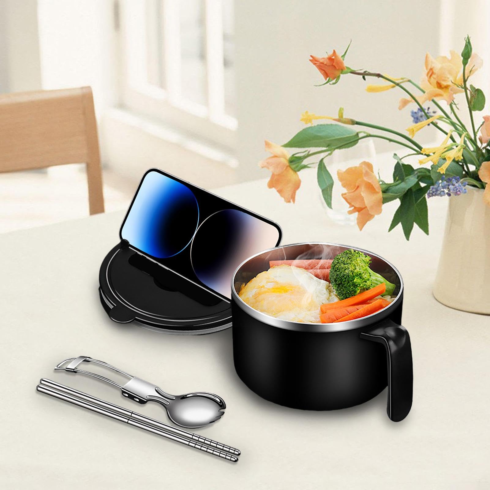 Pastakom voor magnetron met stokjes en spork, 1200 ml, draagbaar, van roestvrij staal met deksel, voor bureausleufdesign (groen