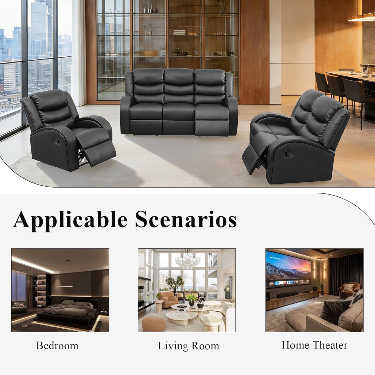 3-Piece Couch Living Room Furniture Sets, Sectional Recliner Sofa Set,Leather Recliner Sofas,Manual Motion,Living Room/Office(Chair, Loveseat & Sofa, Deep Black)