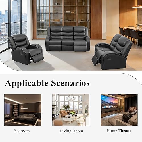 Miniatura 7 de Juego de muebles de 3 piezas para sala de estar, juego de sofá reclinable seccional, sofás reclinables de cuero, movimiento manual, sala de Negro