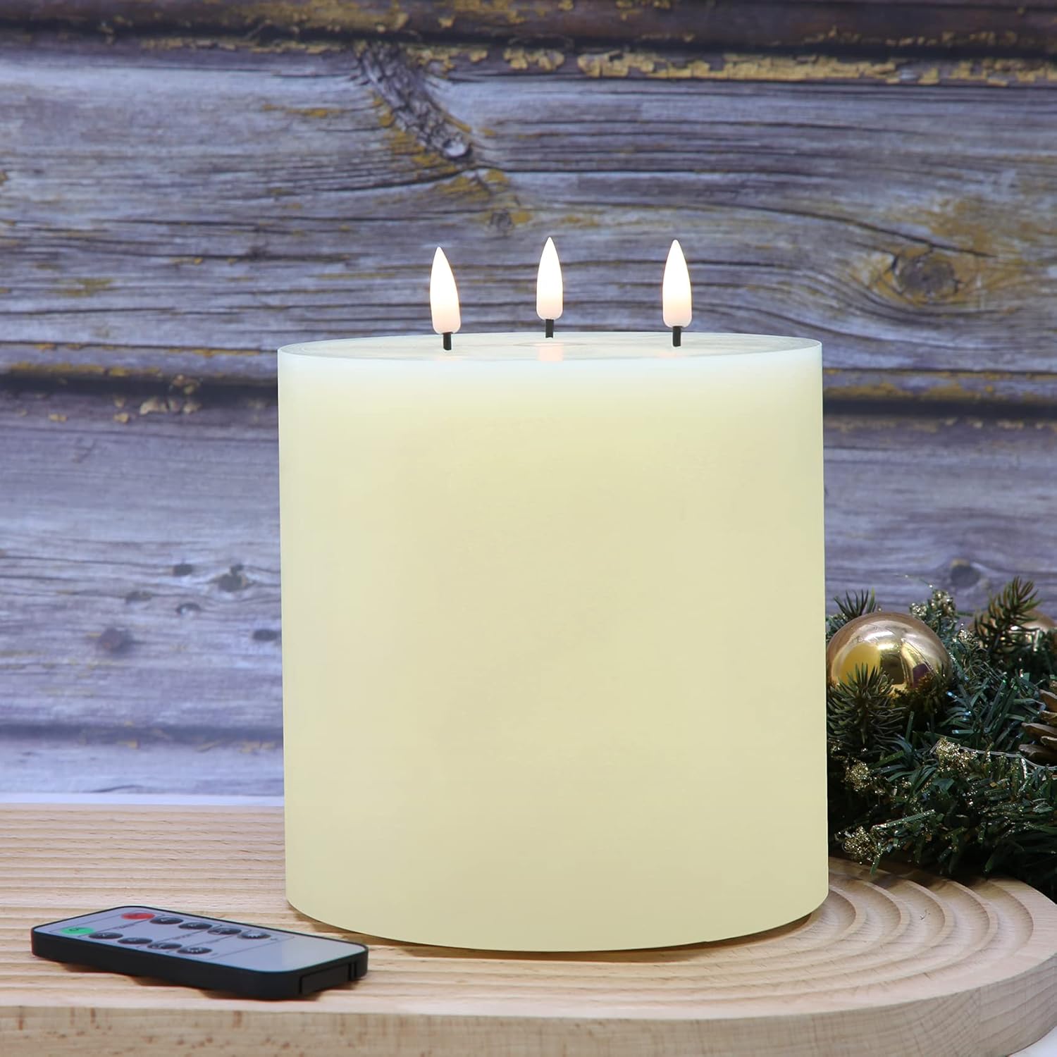 Eywamage 3 Wick Ivory Flameless LED Pillar Candles with Remote Timer