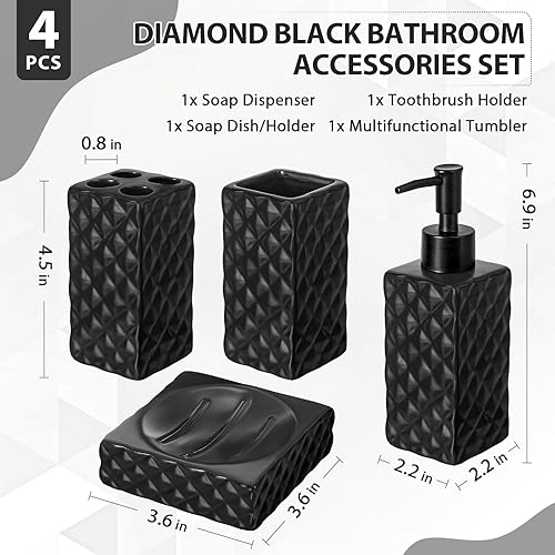 Miniatura 2 de Juego de accesorios de baño negro, 4 unidades de accesorios de baño negro mate, dispensador de jabón de diamante de cerámica y soporte para cepillo