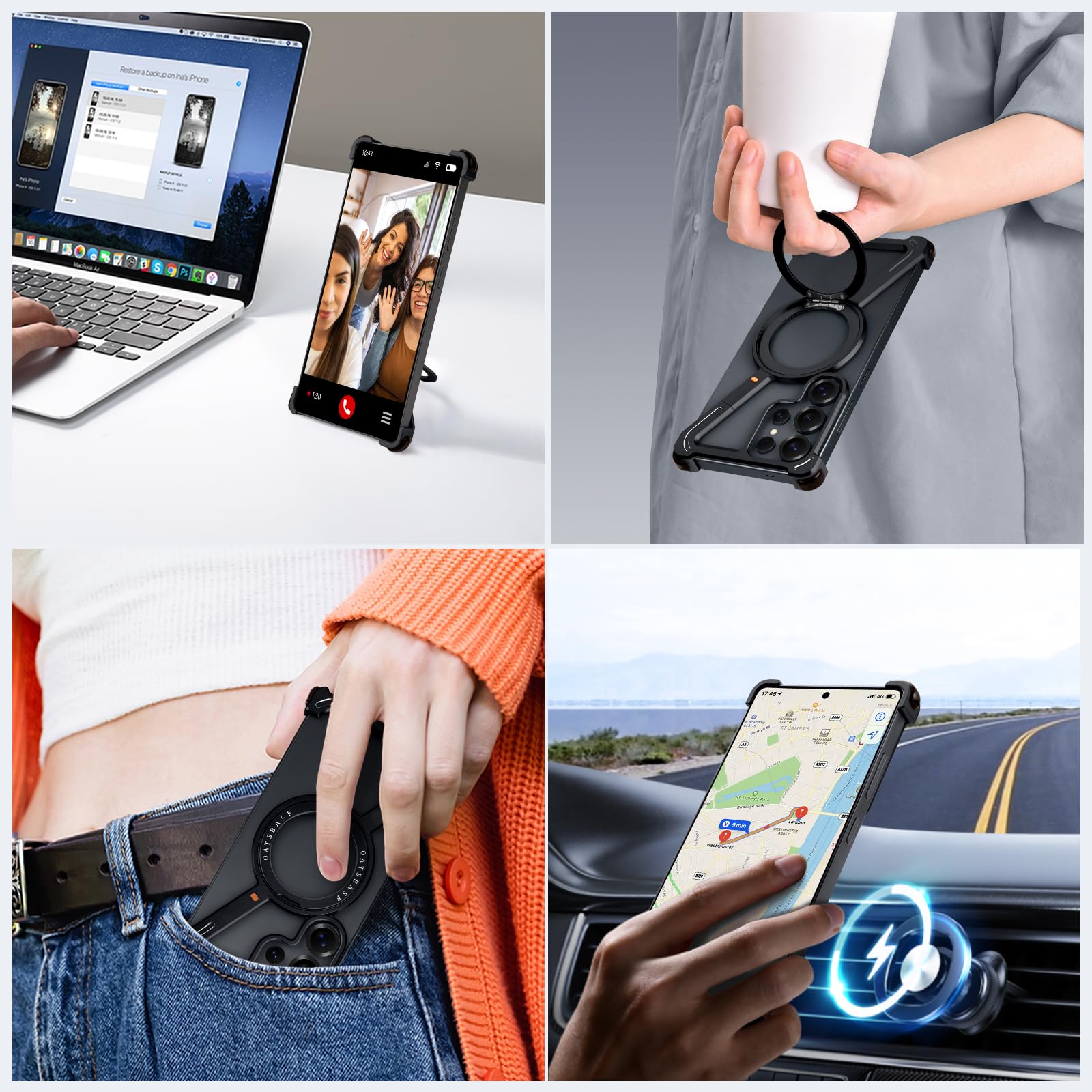 Custodia a forma di Z per Samsung Galaxy S25 Ultra con Magsafe, metallo senza cornice con supporto ad anello magnetico, custodia protettiva con cavalletto girevole a 360°, custodia protettiva