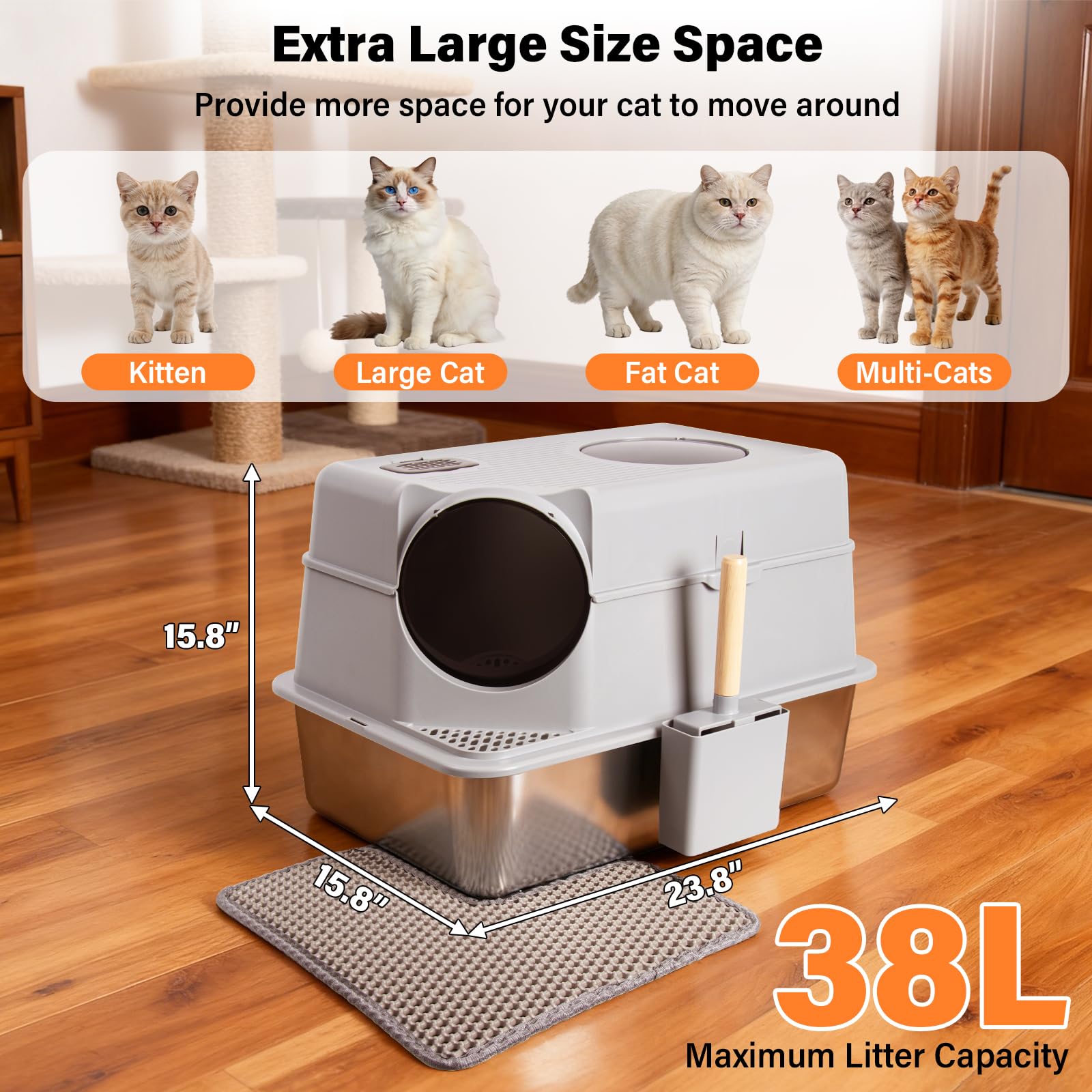 EGMEHOAD Stainless Steel Litter Box with Lid,Extra Large Enclosed cat Litter Box, Metal litterbox with Flip Top,Front and Top Entry,Anti-Leakage,Easy Cleaning,Includes Carbon Filters & Scoop & Mat - image 5