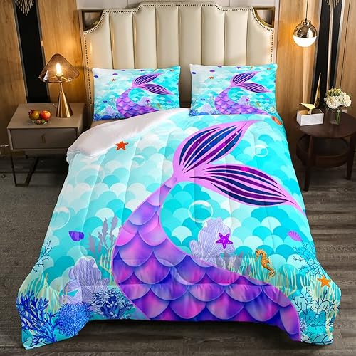 Erosebridal Juego de edredón de sirena para niñas, edredón acolchado con escamas de pez azul verdoso, edredón de plumón del mundo submarino para