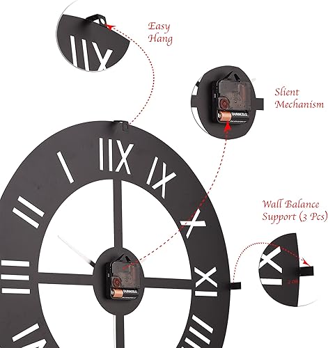 Miniatura 143 de Reloj de pared de metal de 20 pulgadas, redondo, silencioso, moderno, analógico, grande, funciona con pilas, reloj de pared para sala de estar, Negro