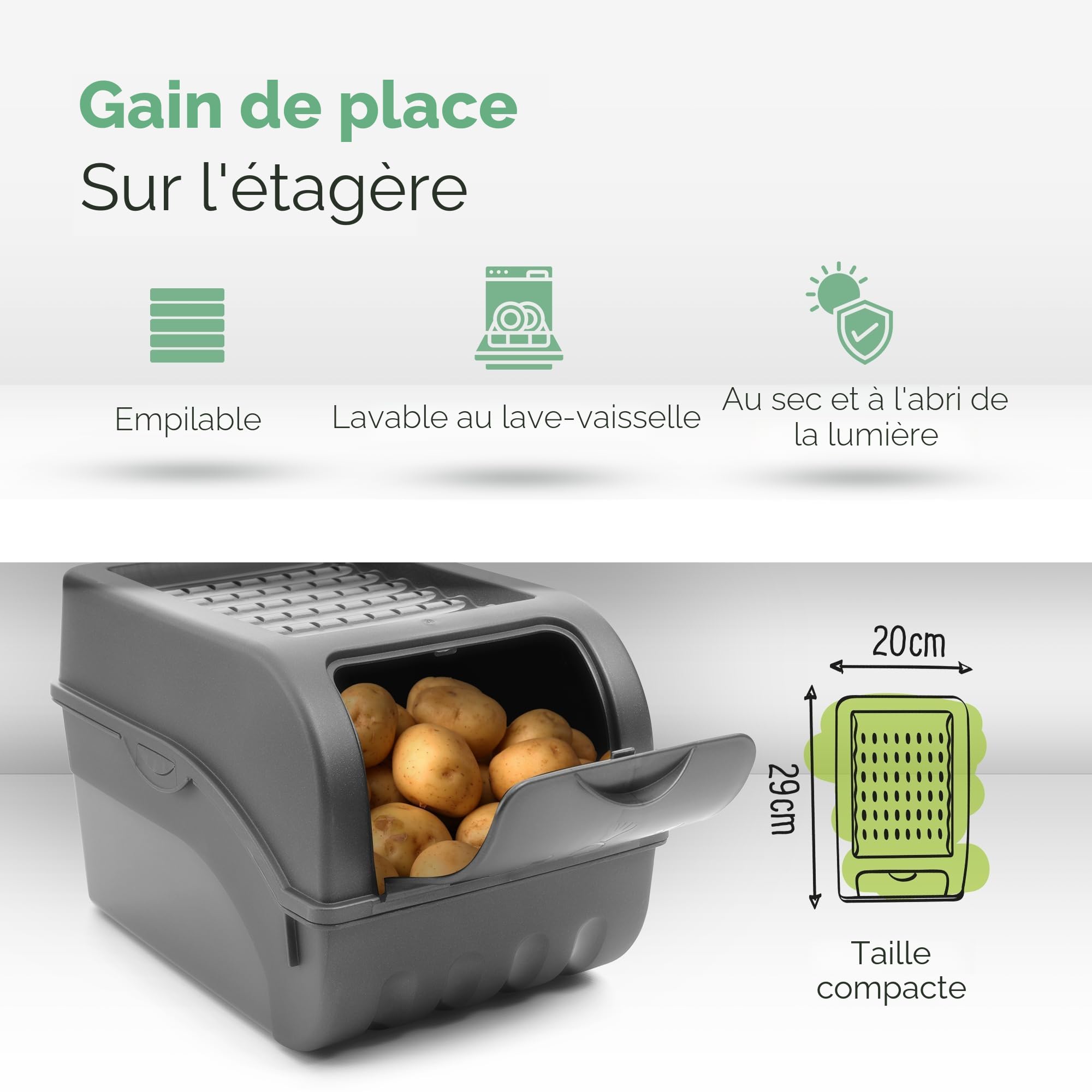 Novaliv Boîte de rangement pour pommes de terre | 2 x 5 l | Gris anthracite | Boîte à oignons et légumes empilables