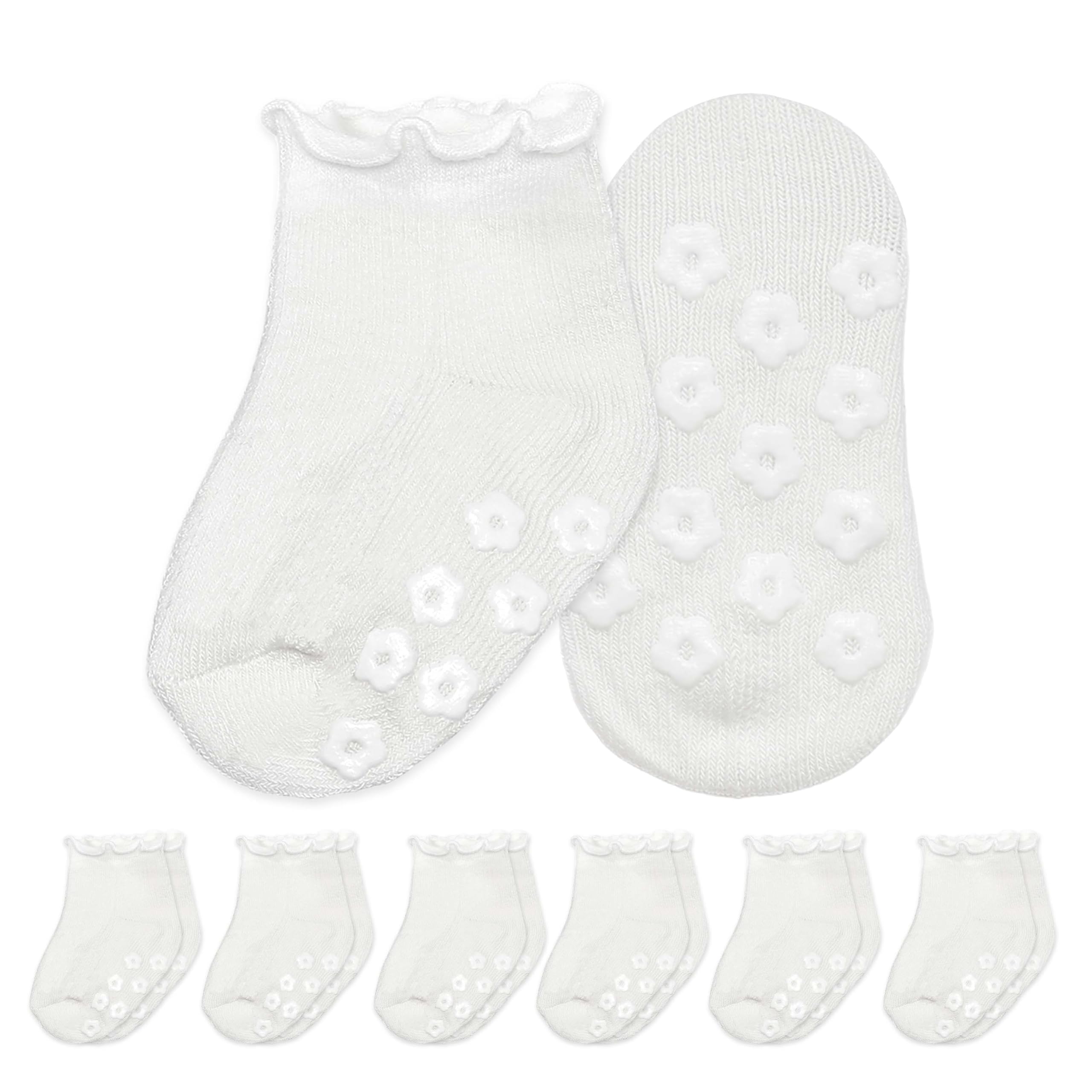Mother's Choice Organic Cotton Baby Socks 6 Pairs 6-12 Months Non-Slip Grip Socks for Infants & Toddlers, Soft Breathable Anti-Skid Socks with Cute Ruffle Design