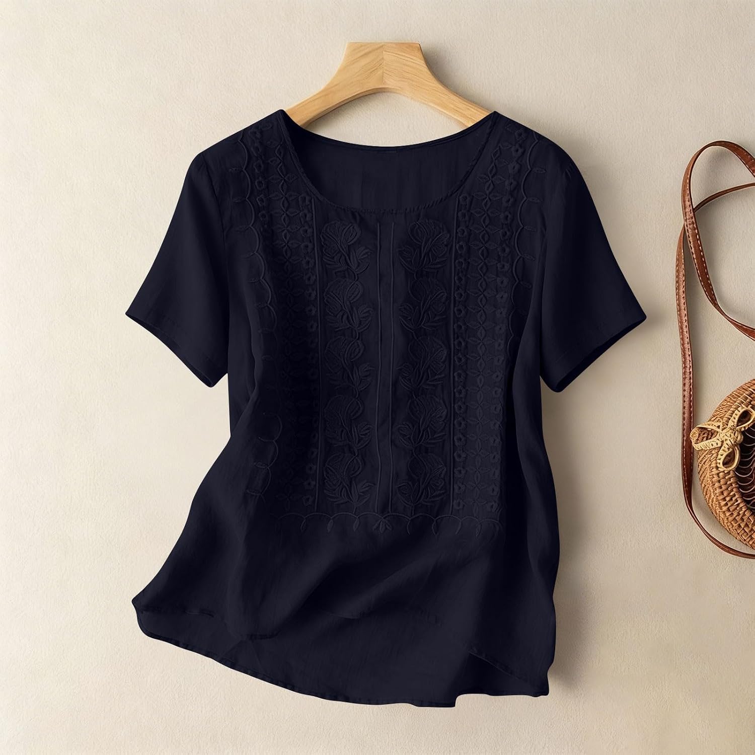 Womens Cotton Linen Summer Tops Casual Crewneck Short Sleeve Embroidered T-Shirts Fashion Beach Tees