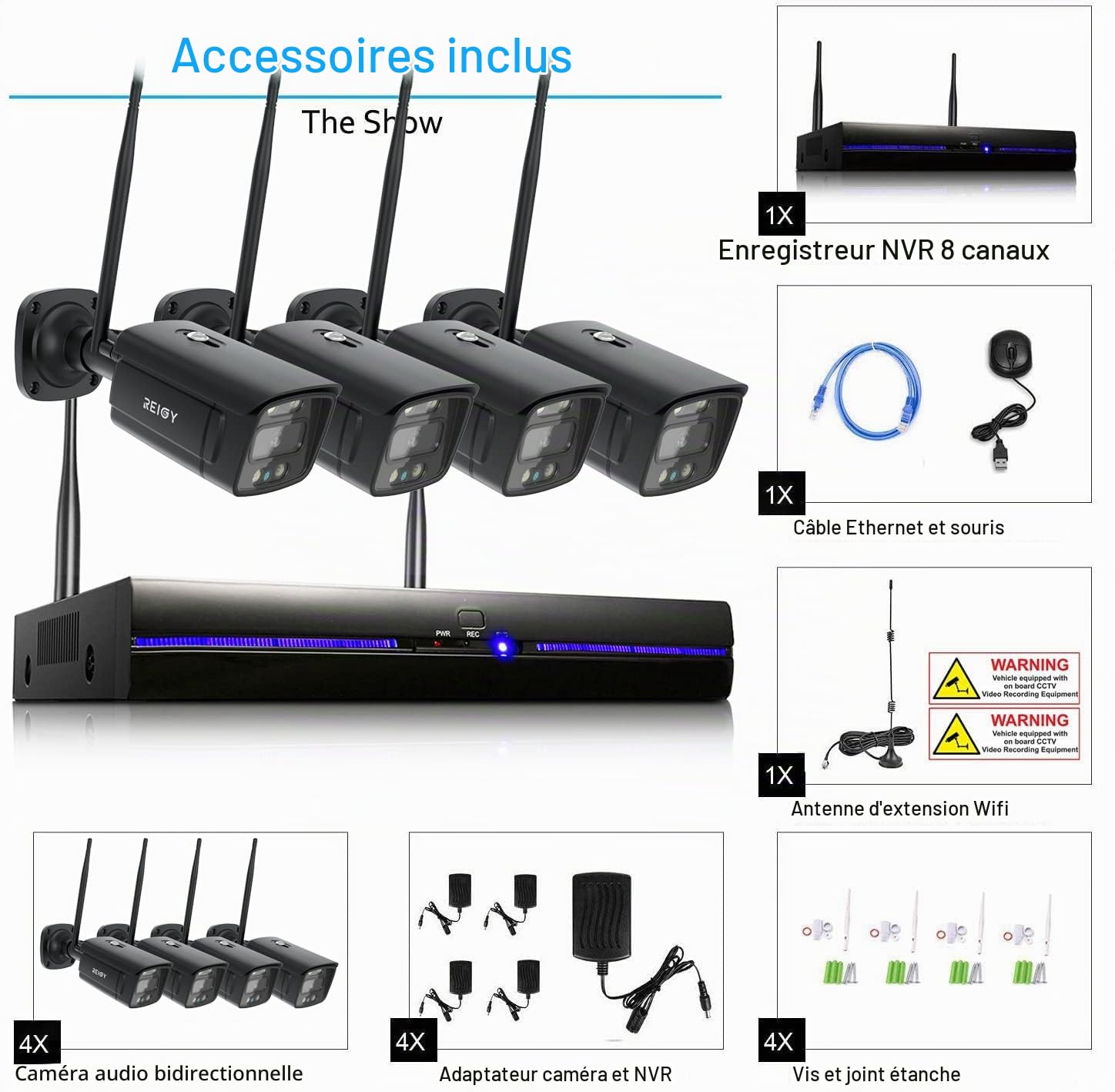 REIGY 3MP Système Surveillance WiFi Exterieure avec Spotlight, Kit Camera Videosurveillance 10CH 5MP NVR + 4X 1296P Camera, Audio Bidirectionnel Vision Nocturne Colorée Imperméable sans HDD Noir