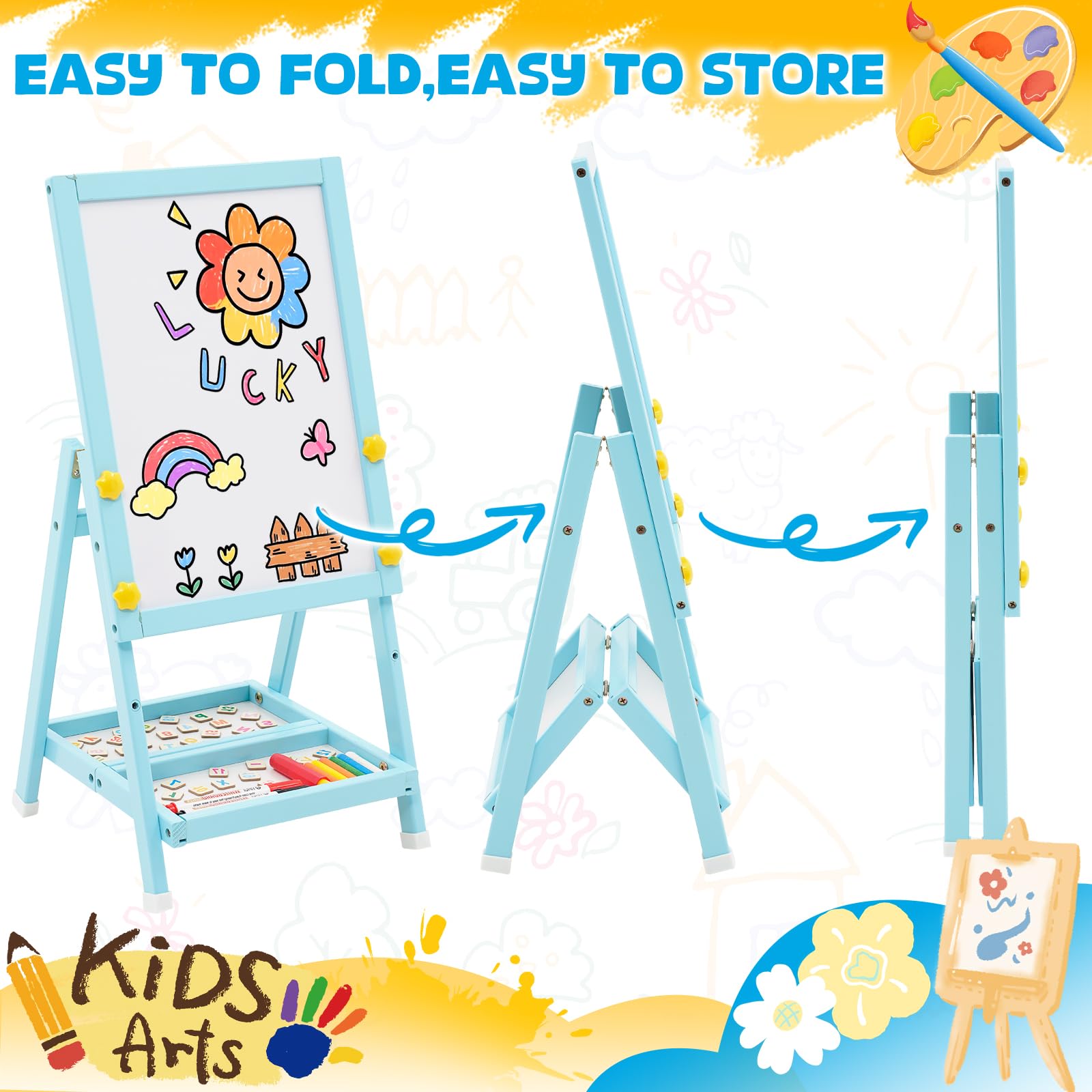 Lavagna in legno per bambini, Art Kids Easel cavalletto per l'arte Mini Blue Lavagna bifacciale e lavagna per bambini con numeri e altri accessori per bambini e bambini.