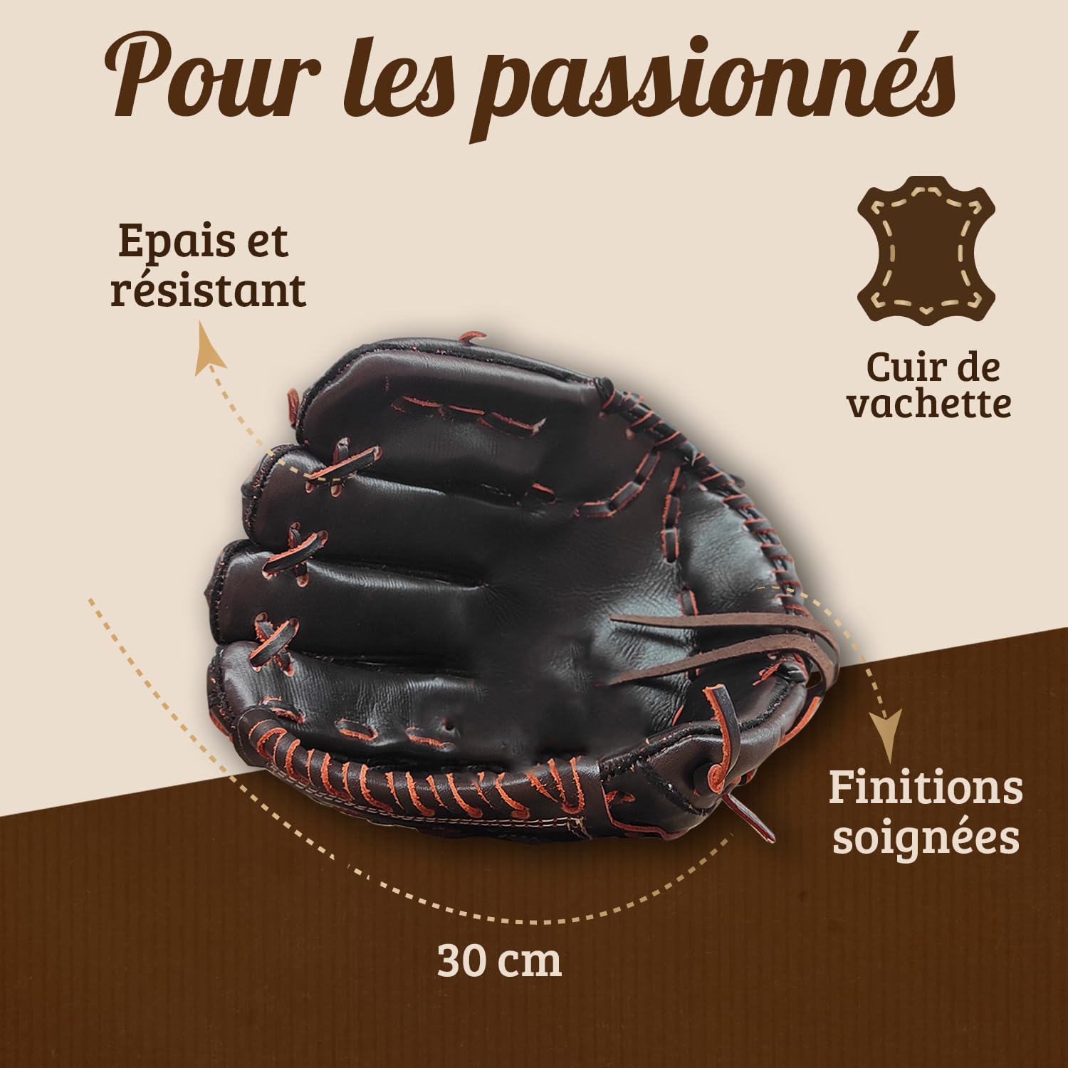 Gant De Baseball - Marron Vintage - Cuir De Vachette - Cousu Main - Marque Française