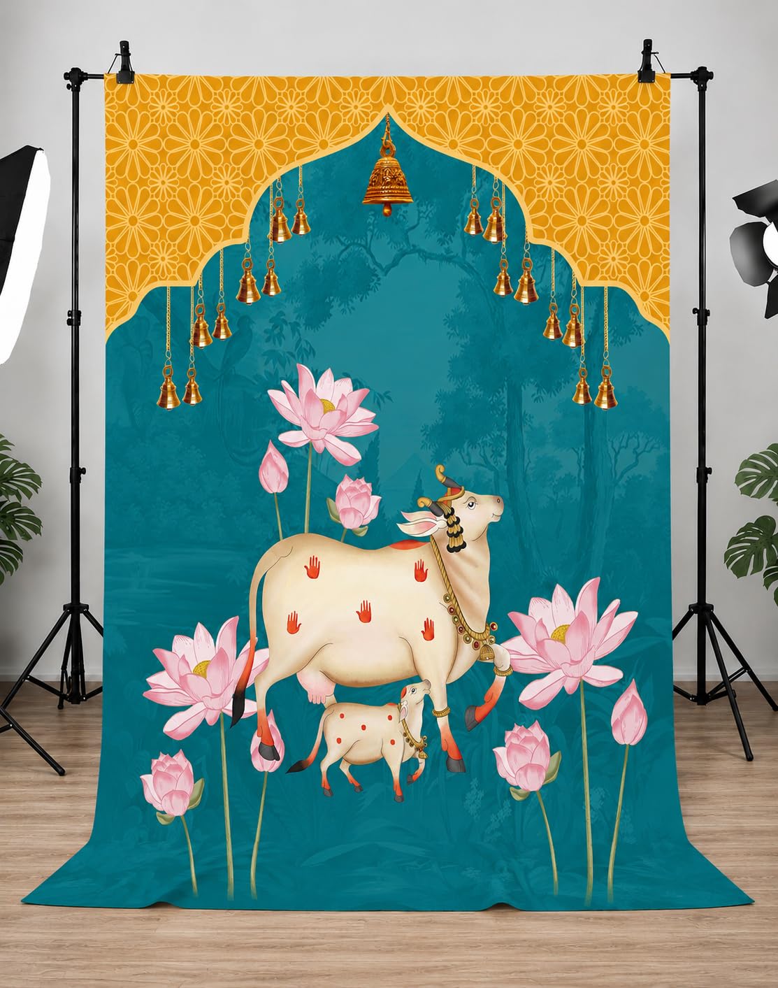 Backdropon Holy Cow Pichwai Design Backdrop Cloth for Pooja Decoration Traditional Background Curtain Cloth for Festival, Pooja Size 8 Feet Height and 5 Feet Width(8 * 5)-picture-33
