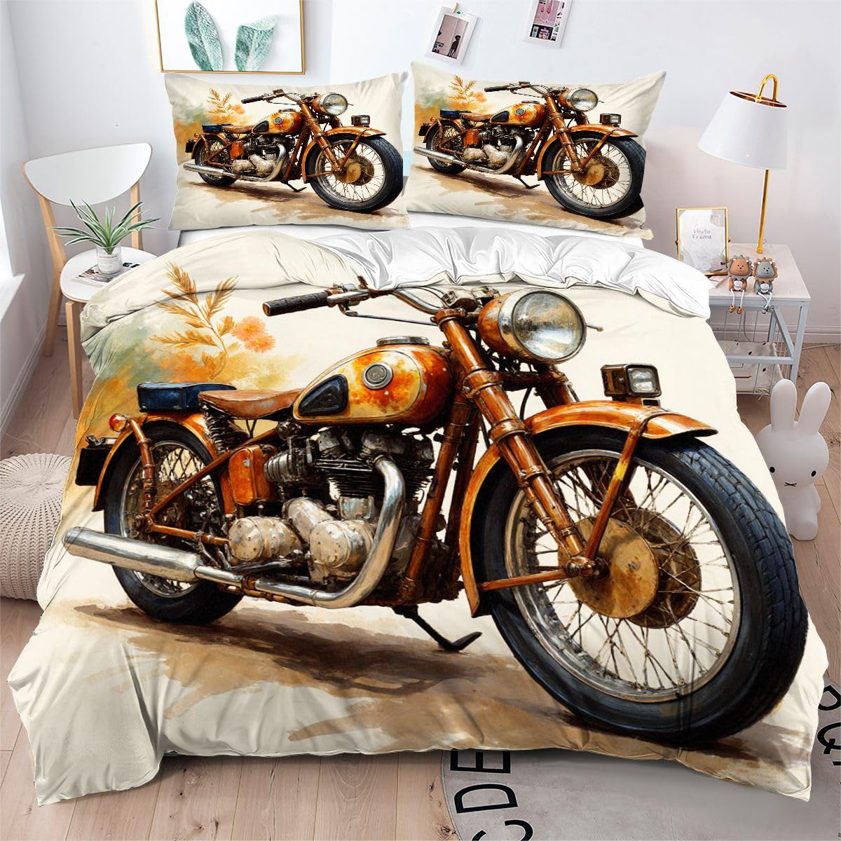 Parure de lit 160x200 jeune motard 3D avec housse de couette et 2 taies B69